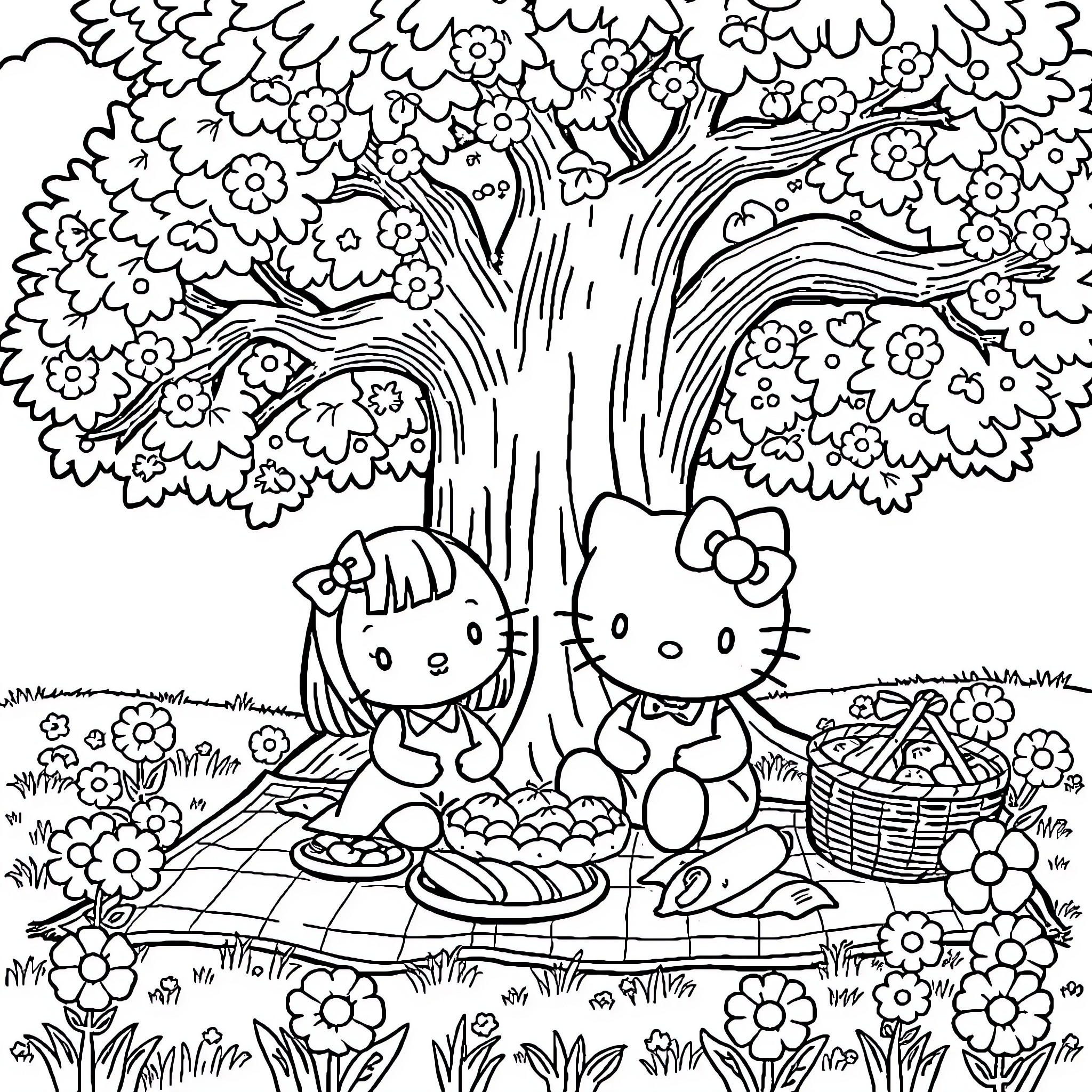 Hello Kitty enjoying a picnic under a blooming tree Coloring Page (free black-and-white line drawing printable PDF for all, from beginners to advanced learners, including children, teens, adults, and seniors)