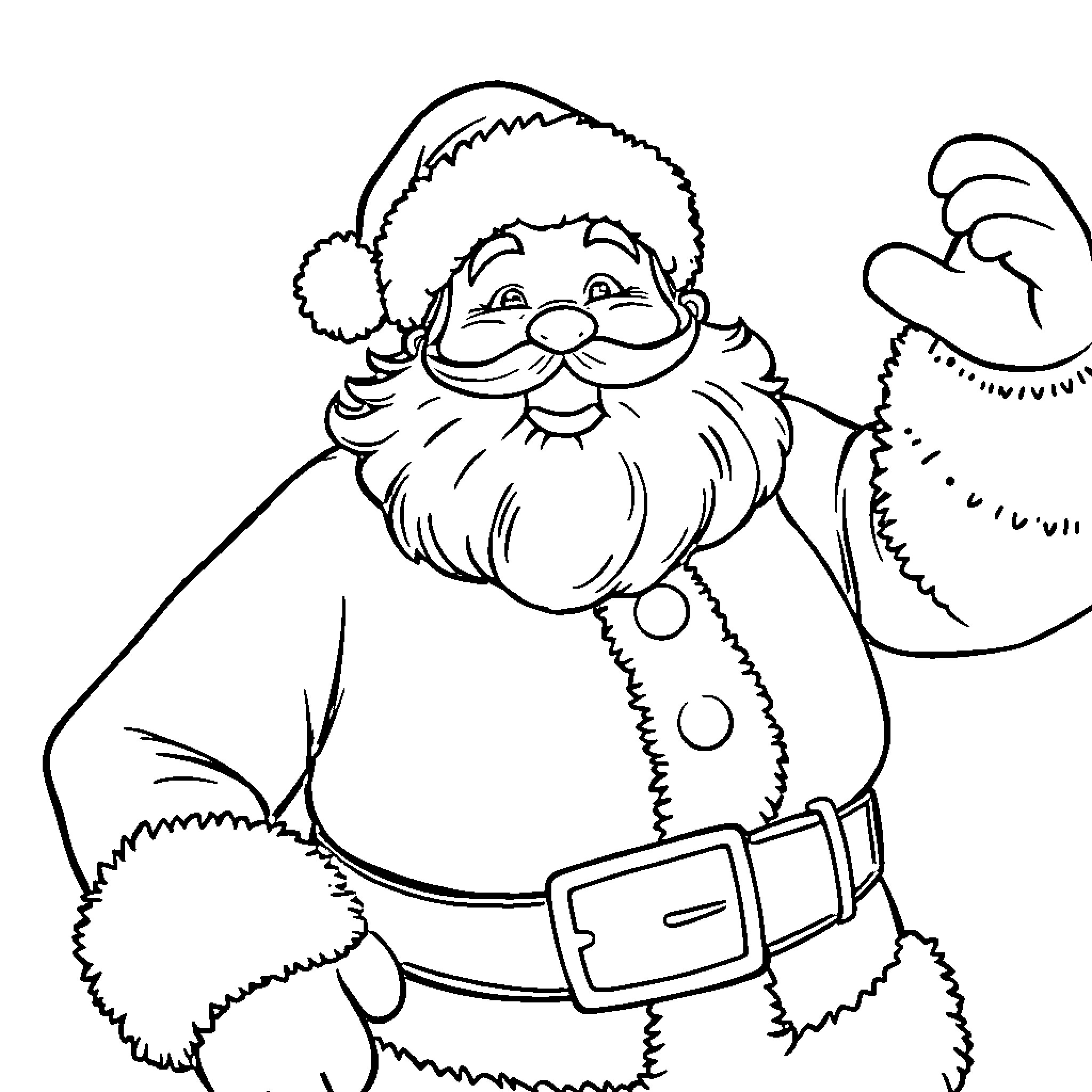 Santa waving with a cheerful expression Coloring Page (free black-and-white line drawing printable PDF for all, from beginners to advanced learners, including children, teens, adults, and seniors)