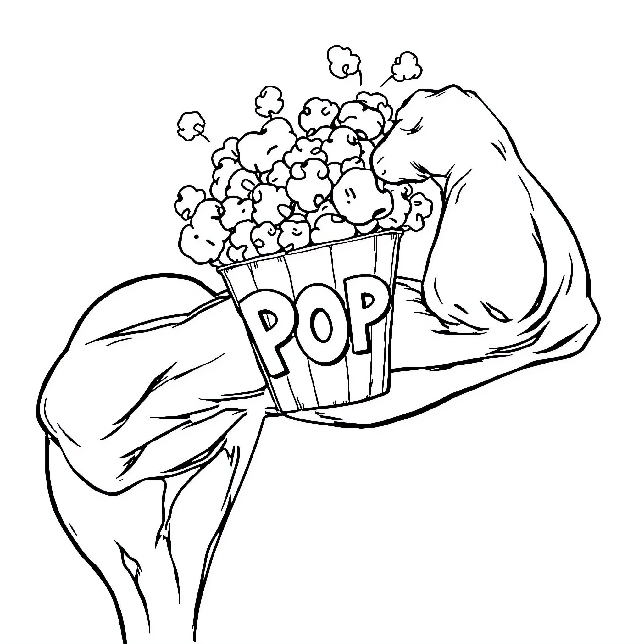 Popcorn popping out of a large hand Coloring Page (free black-and-white line drawing printable PDF for all, from beginners to advanced learners, including children, teens, adults, and seniors)