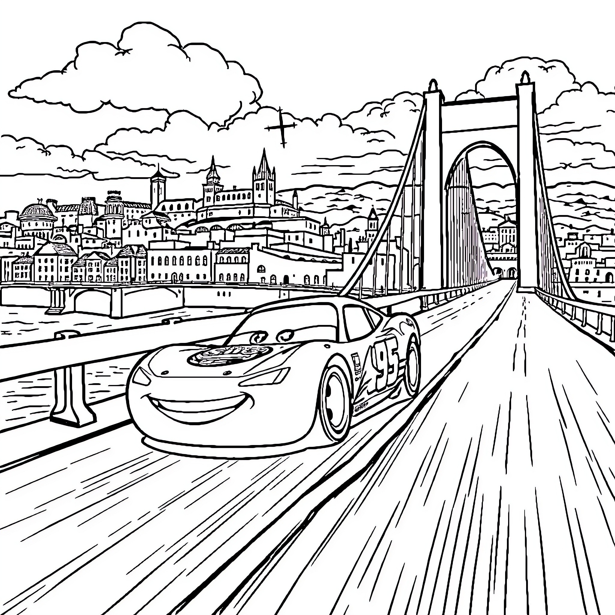 Lightning McQueen speeding through the city streets Coloring Page (free black-and-white line drawing printable PDF for all, from beginners to advanced learners, including children, teens, adults, and seniors)