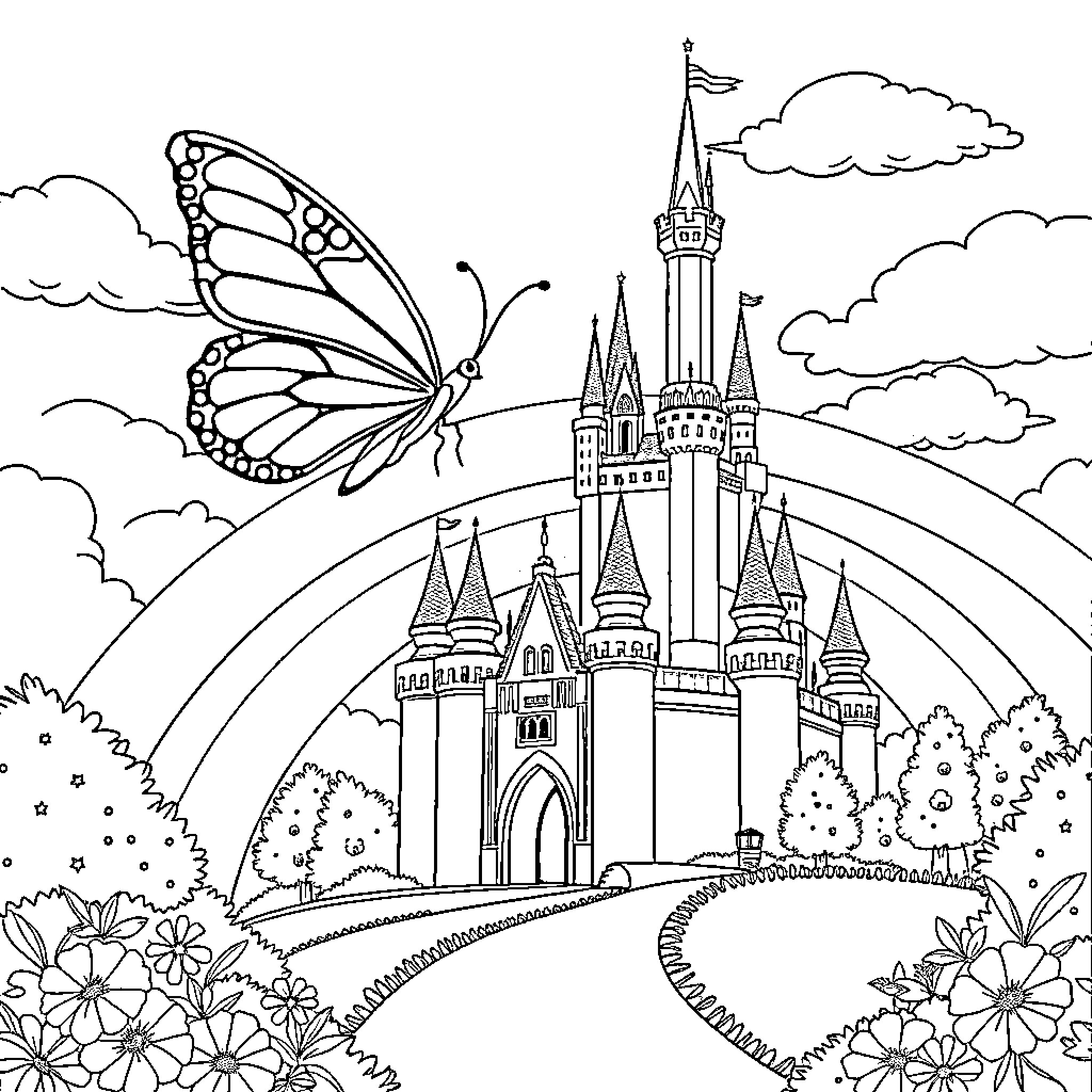 Butterfly soaring over a magical castle landscape Coloring Page (free black-and-white line drawing printable PDF for all, from beginners to advanced learners, including children, teens, adults, and seniors)