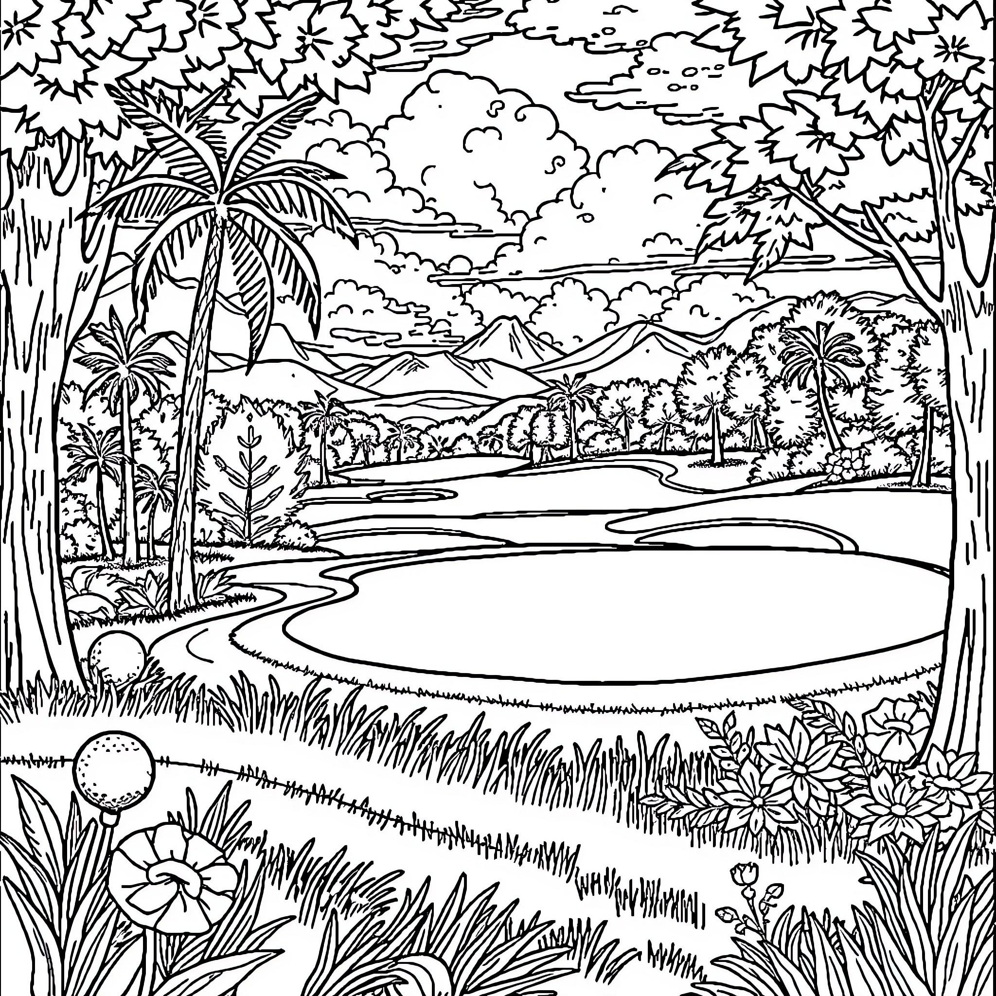 Golf Tropical Landscape Scene with Palm Trees Coloring Page (free black-and-white line drawing printable PDF for all, from beginners to advanced learners, including children, teens, adults, and seniors)