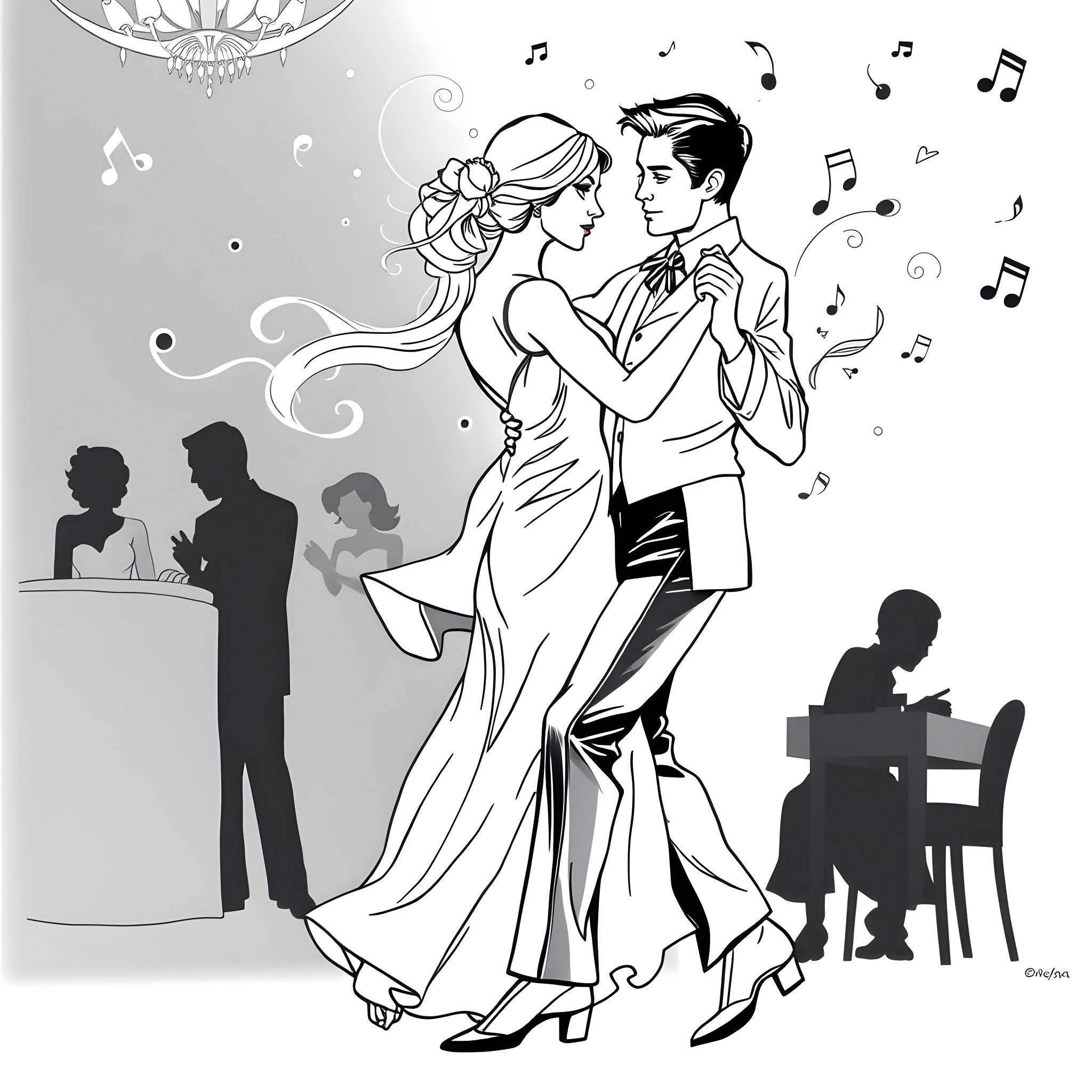 Matheus Streisky dancing elegantly with a lady at a formal event Coloring Page (free black-and-white line drawing printable PDF for all, from beginners to advanced learners, including children, teens, adults, and seniors)