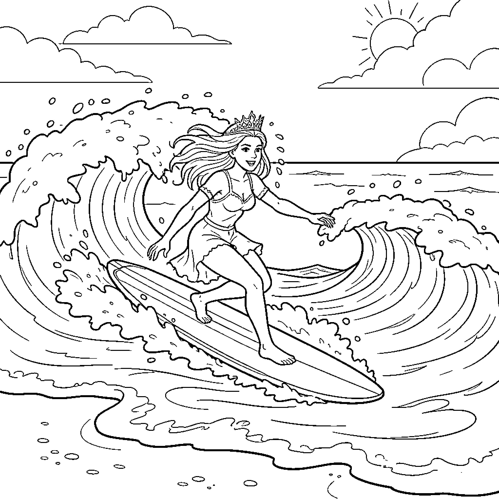 Snow Queen surfing on a large ocean wave Coloring Page (free black-and-white line drawing printable PDF for all, from beginners to advanced learners, including children, teens, adults, and seniors)
