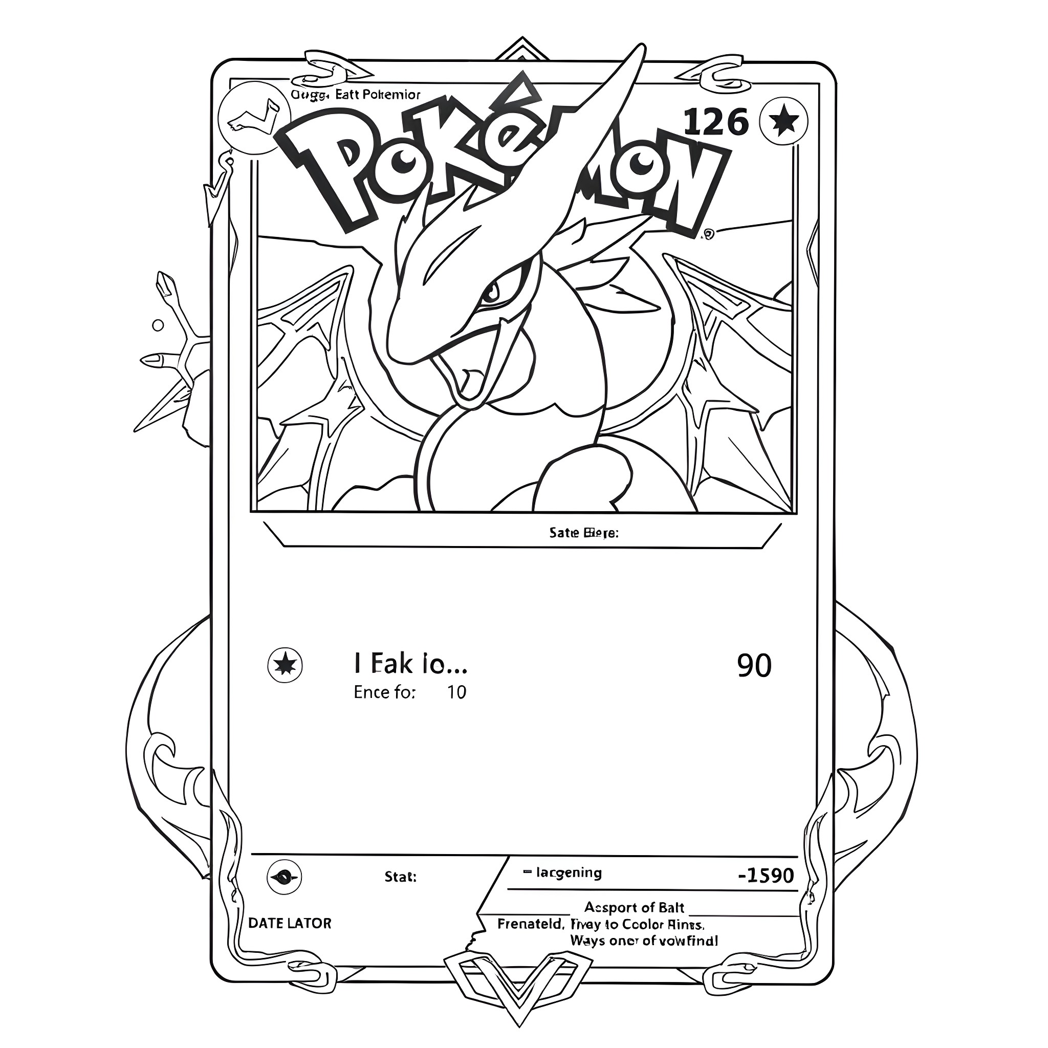 Pokémon card featuring a powerful dragon-like creature Coloring Page (free black-and-white line drawing printable PDF for all, from beginners to advanced learners, including children, teens, adults, and seniors)