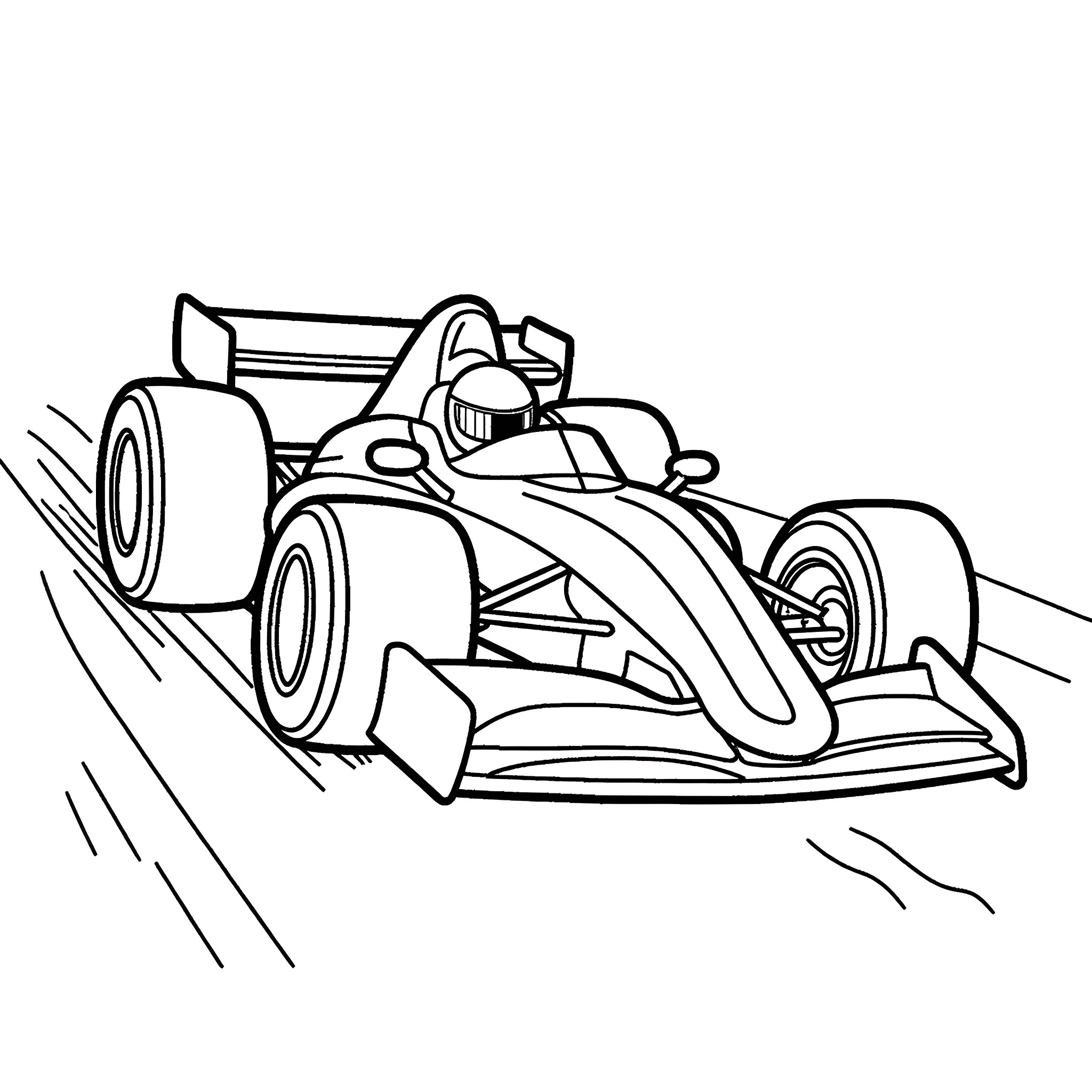 Sonic's Formula One Racing Car in Action Coloring Page (free black-and-white line drawing printable PDF for all, from beginners to advanced learners, including children, teens, adults, and seniors)