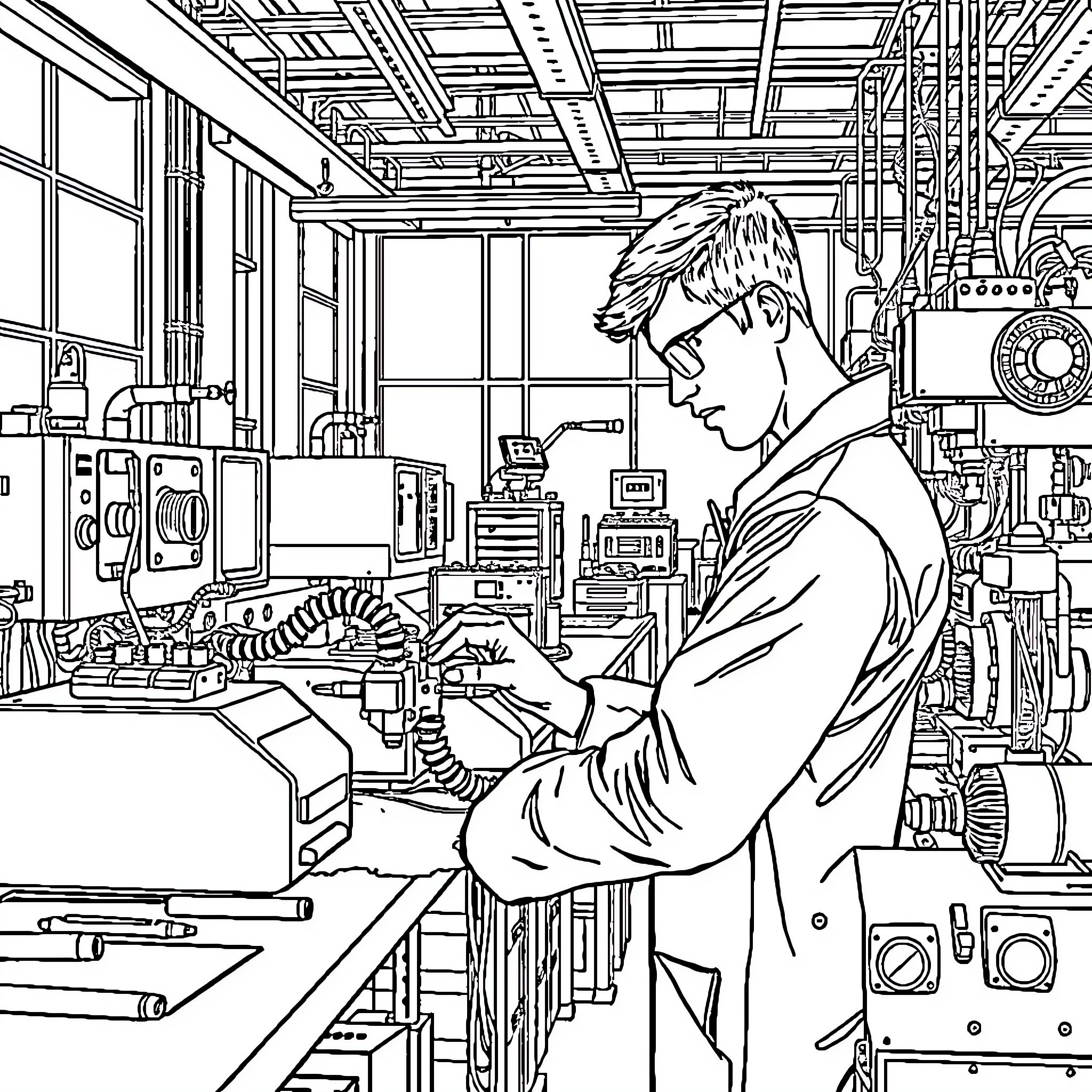 Mechatronics engineer working diligently in industrial workshop Coloring Page (free black-and-white line drawing printable PDF for all, from beginners to advanced learners, including children, teens, adults, and seniors)