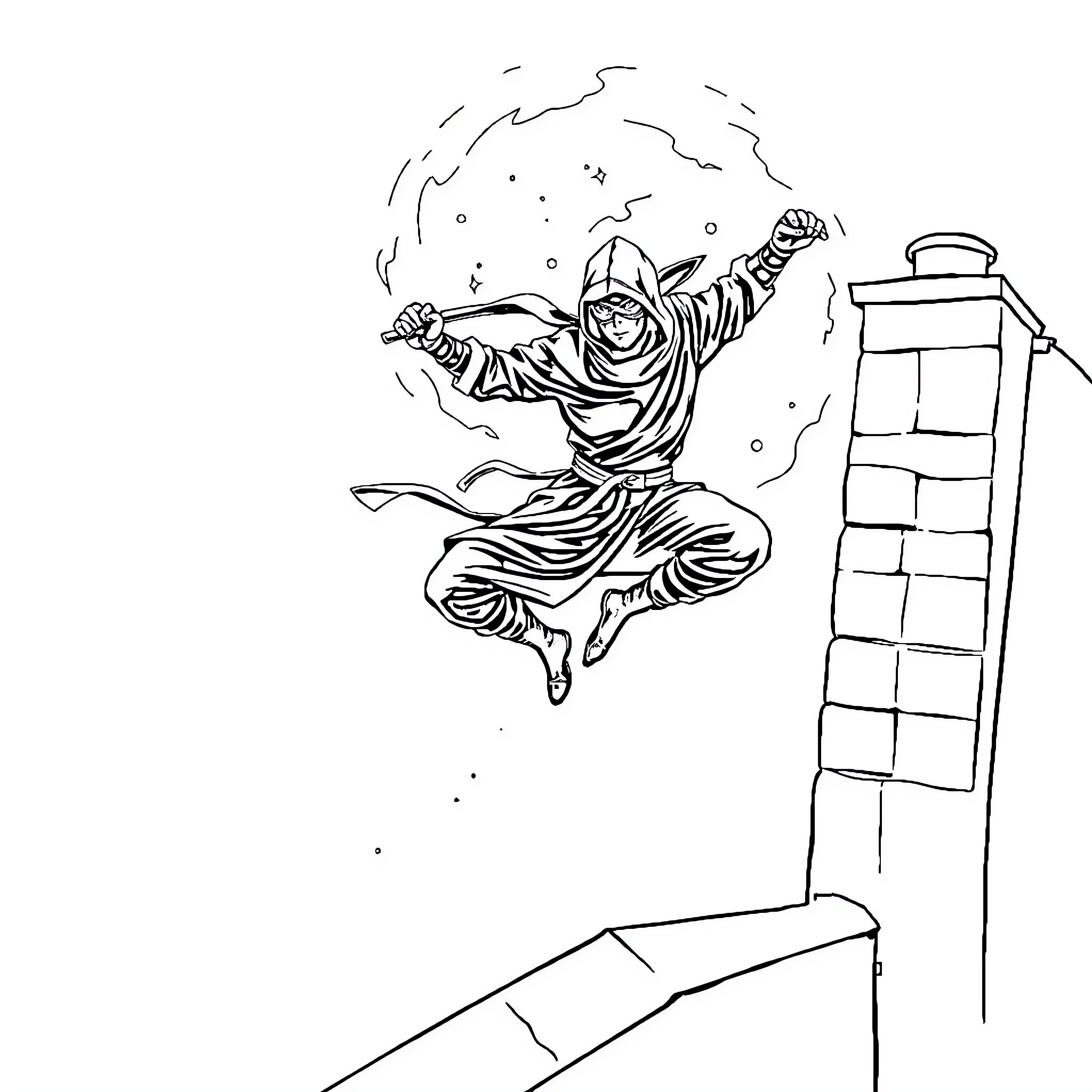 Ninja Leaping Across the Rooftops Coloring Page (free black-and-white line drawing printable PDF for all, from beginners to advanced learners, including children, teens, adults, and seniors)