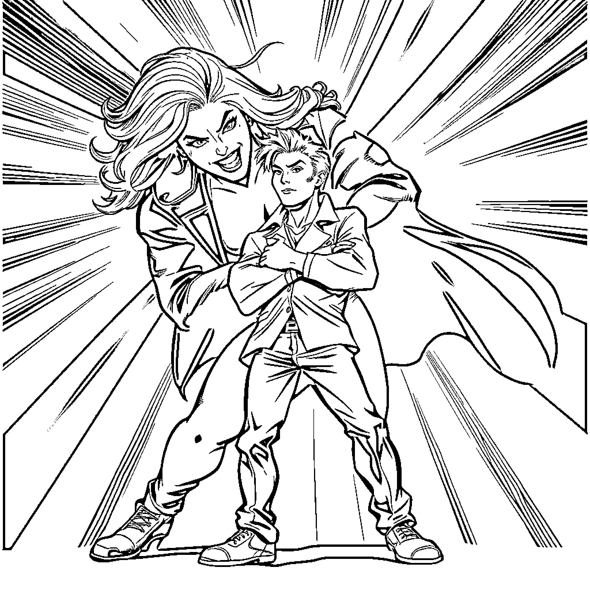 Woman in dynamic superhero pose with companion Coloring Page (free black-and-white line drawing printable PDF for all, from beginners to advanced learners, including children, teens, adults, and seniors)