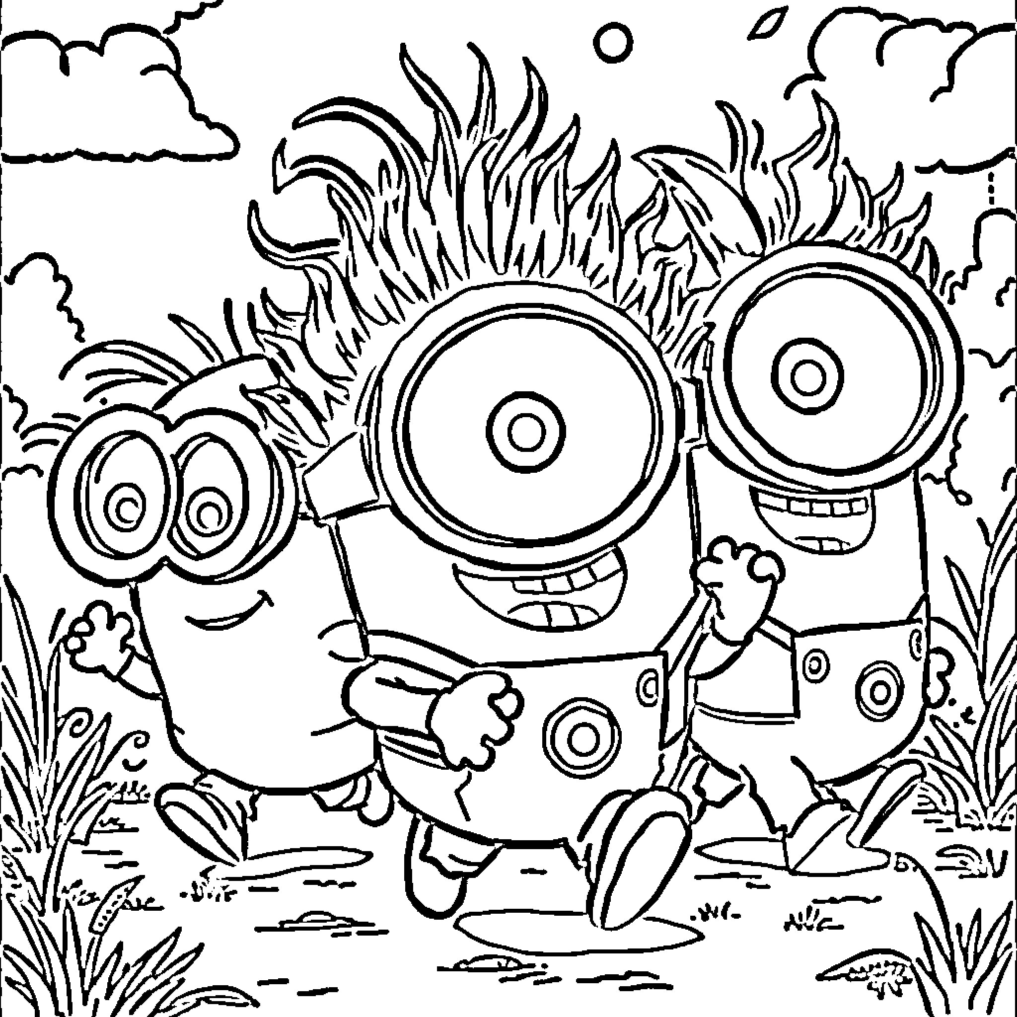 Minions playing joyfully in the outdoors Coloring Page (free black-and-white line drawing printable PDF for all, from beginners to advanced learners, including children, teens, adults, and seniors)