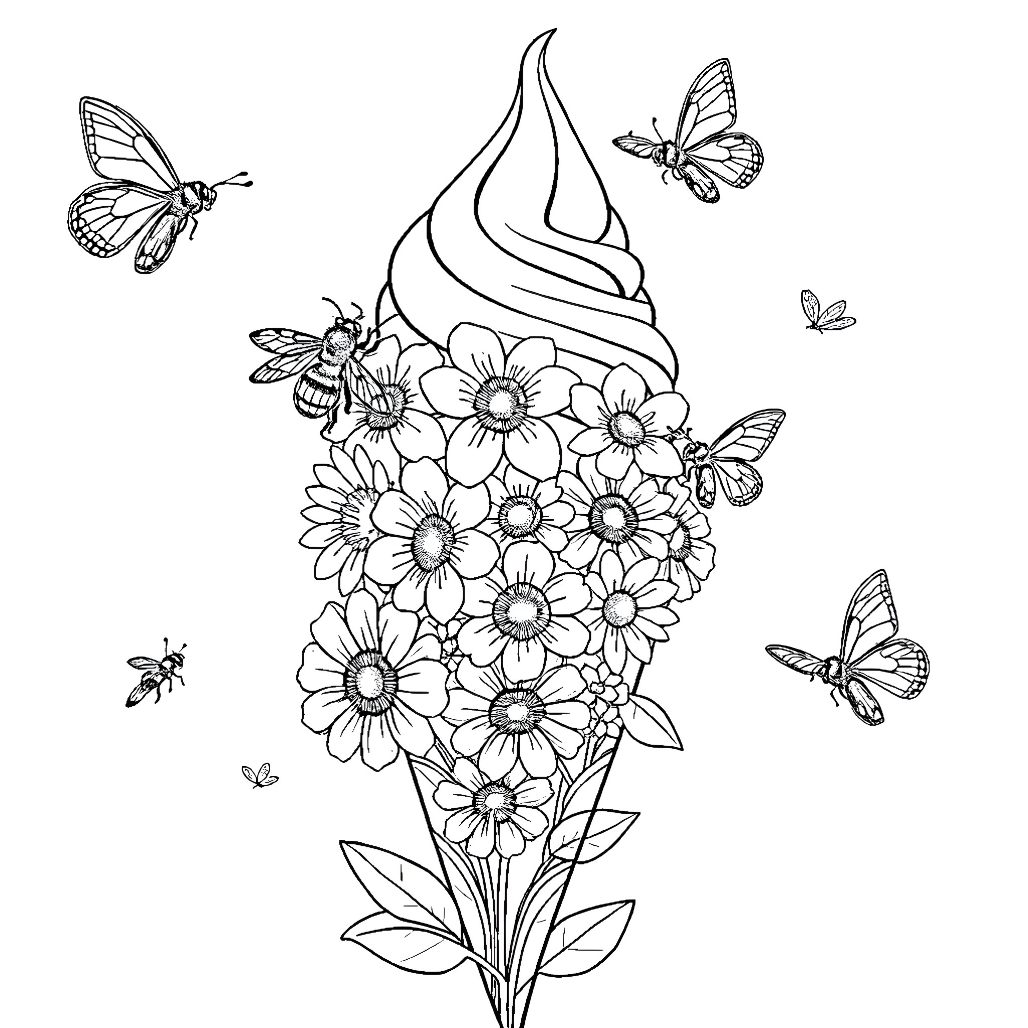 Ice Cream Bouquet with Floral and Butterfly Accents Coloring Page (free black-and-white line drawing printable PDF for all, from beginners to advanced learners, including children, teens, adults, and seniors)