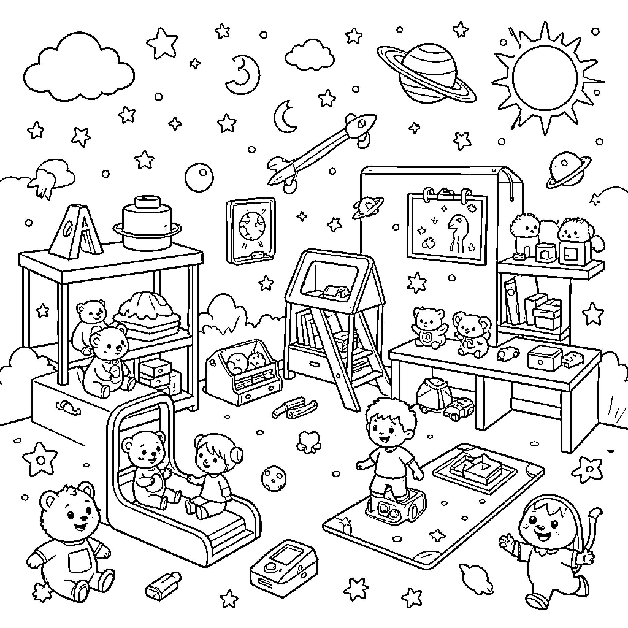 Kids playing with toys in a room full of wonders Coloring Page (free black-and-white line drawing printable PDF for all, from beginners to advanced learners, including children, teens, adults, and seniors)