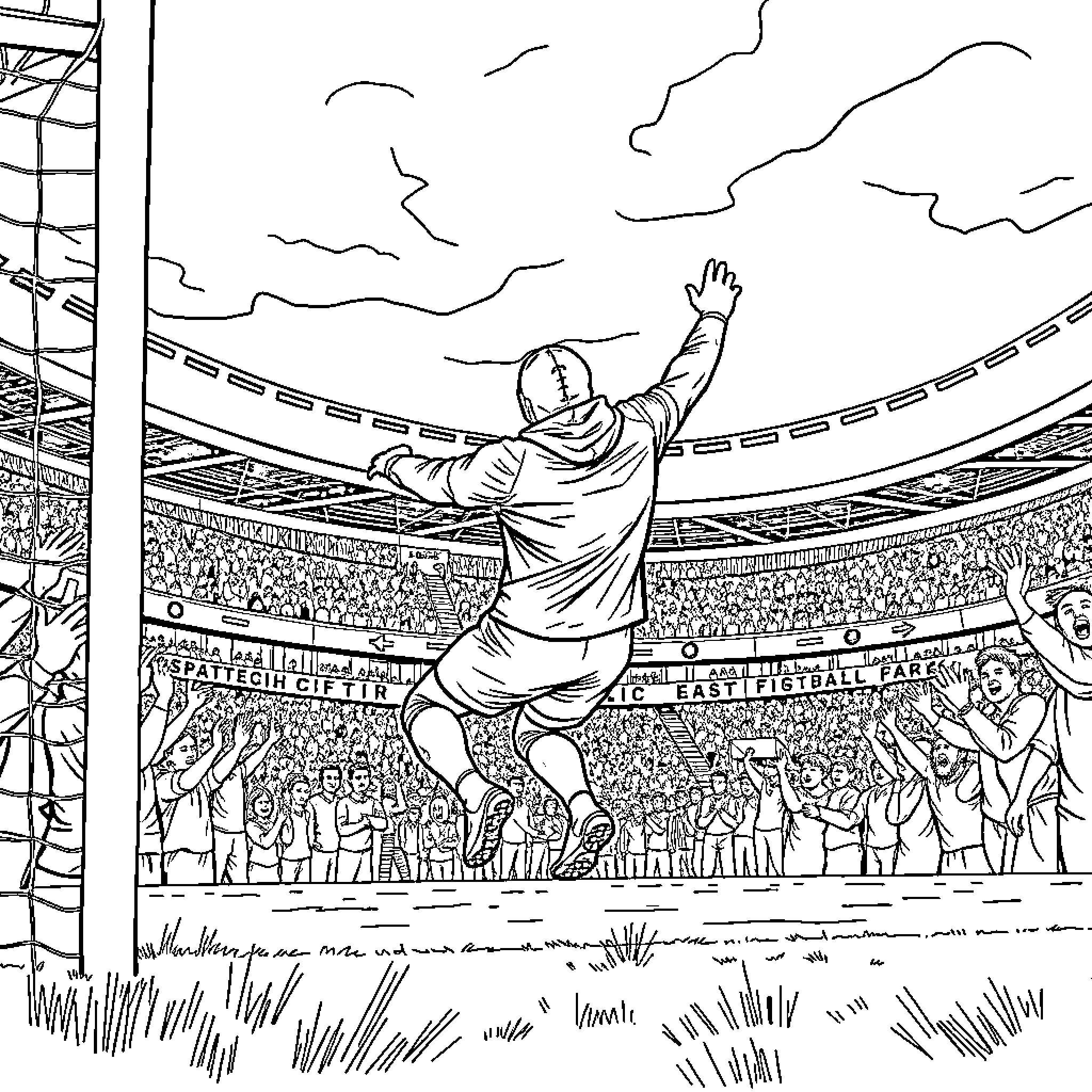 Red Hood Celebrating Victory in a Packed Stadium Coloring Page (free black-and-white line drawing printable PDF for all, from beginners to advanced learners, including children, teens, adults, and seniors)