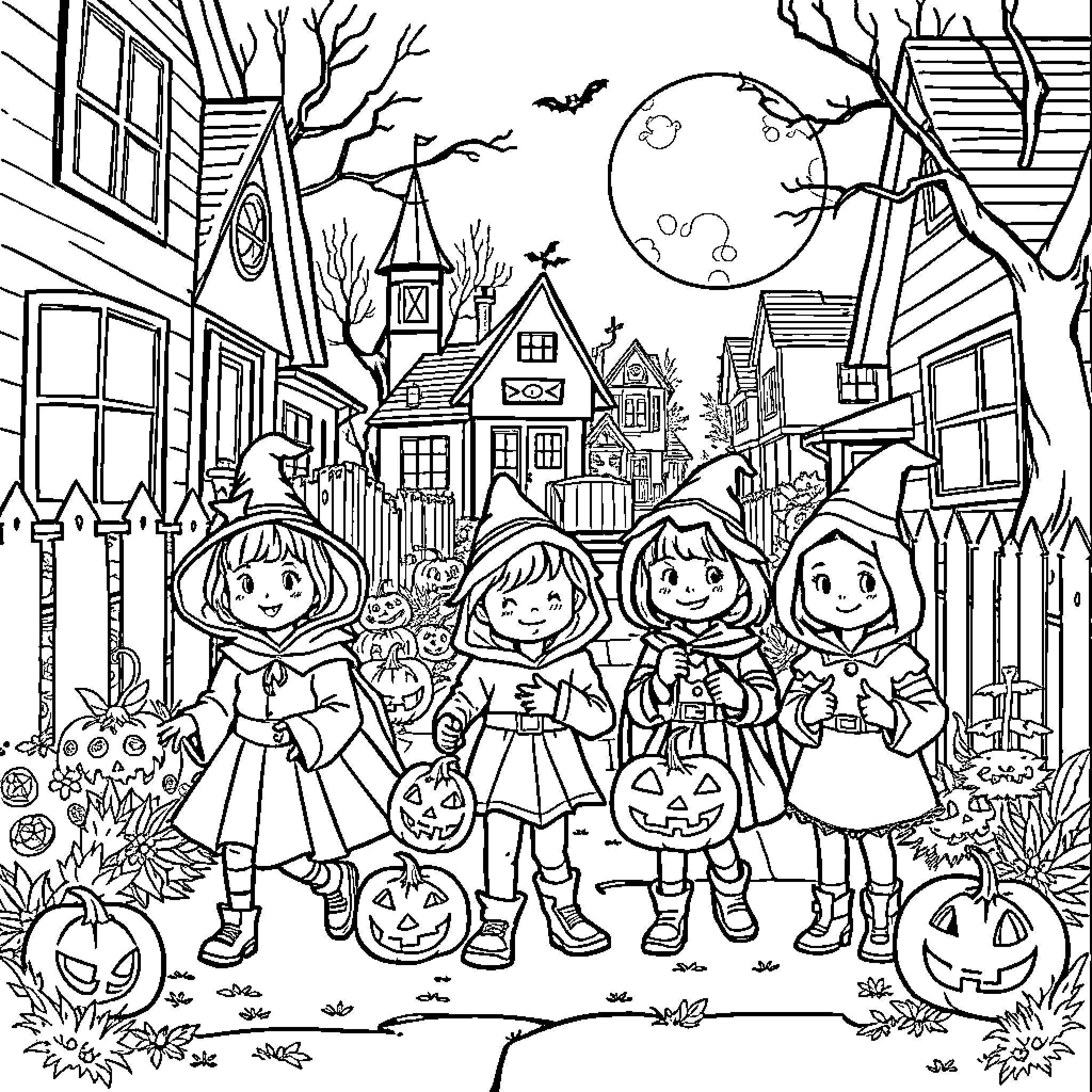 Halloween in a spooky neighborhood Coloring Page (free black-and-white line drawing printable PDF for all, from beginners to advanced learners, including children, teens, adults, and seniors)
