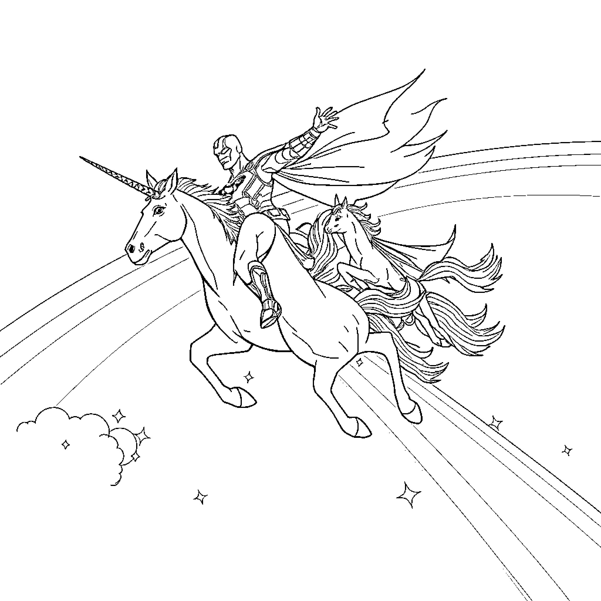 Unicorn riding heroic warrior into fantasy adventure Coloring Page (free black-and-white line drawing printable PDF for all, from beginners to advanced learners, including children, teens, adults, and seniors)