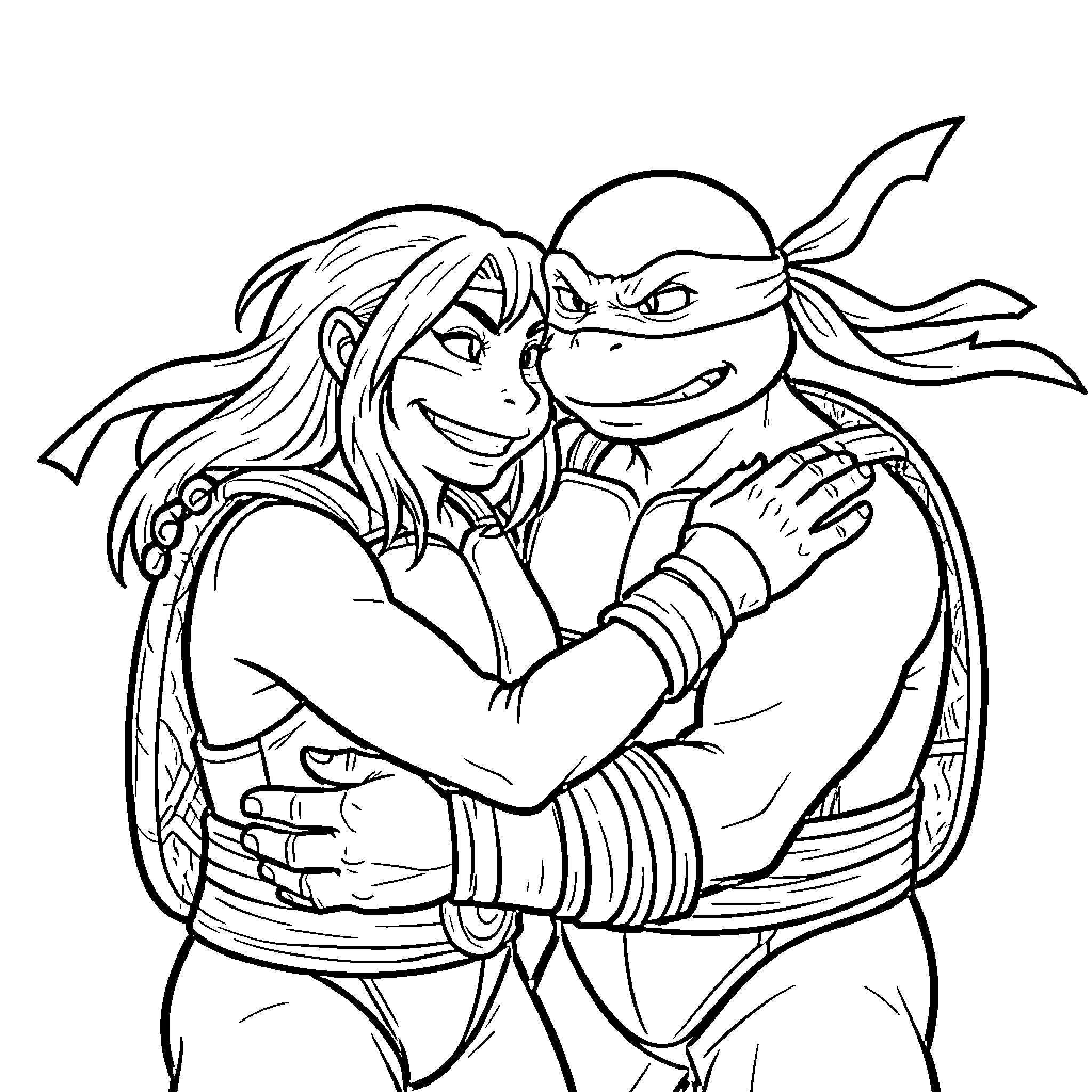 Ninja Turtles characters sharing an affectionate hug Coloring Page (free black-and-white line drawing printable PDF for all, from beginners to advanced learners, including children, teens, adults, and seniors)