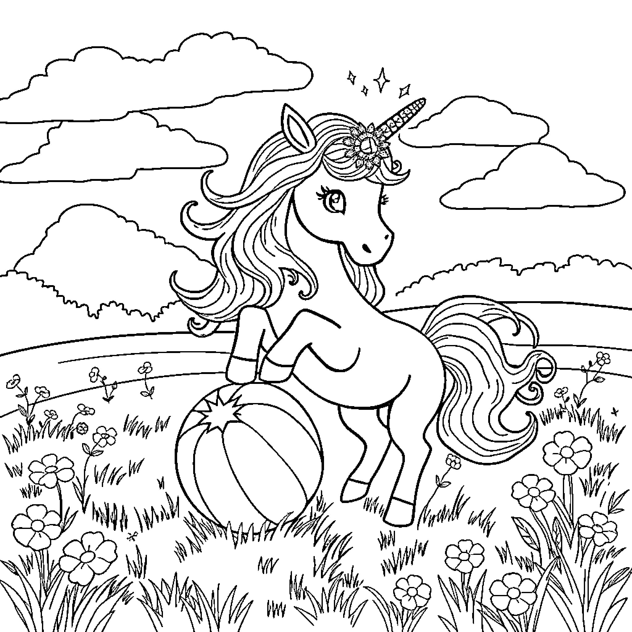 Unicorn prancing through a flowery meadow Coloring Page (free black-and-white line drawing printable PDF for all, from beginners to advanced learners, including children, teens, adults, and seniors)