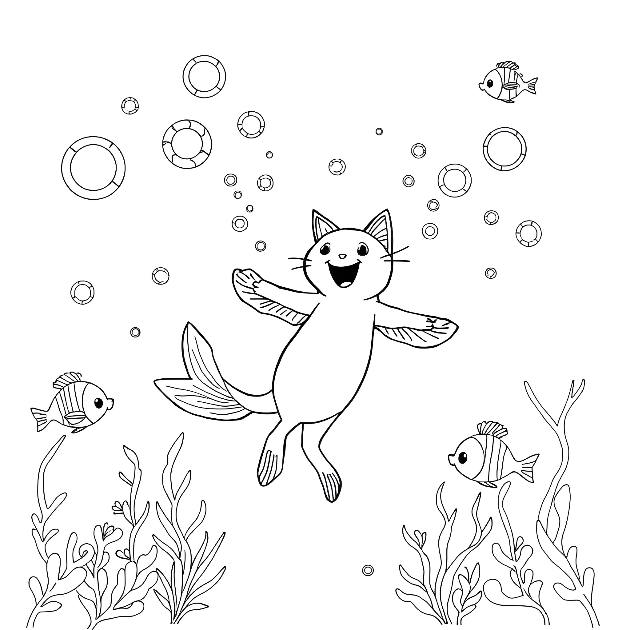Catfish playing happily with bubbles and fish Coloring Page (free black-and-white line drawing printable PDF for all, from beginners to advanced learners, including children, teens, adults, and seniors)