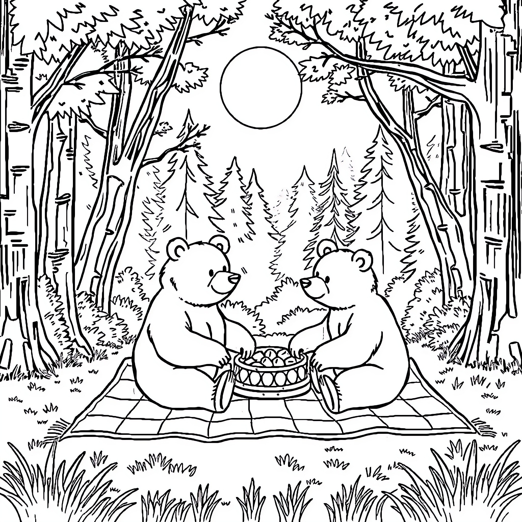 Bear picnic in the forest under the moon Coloring Page (free black-and-white line drawing printable PDF for all, from beginners to advanced learners, including children, teens, adults, and seniors)