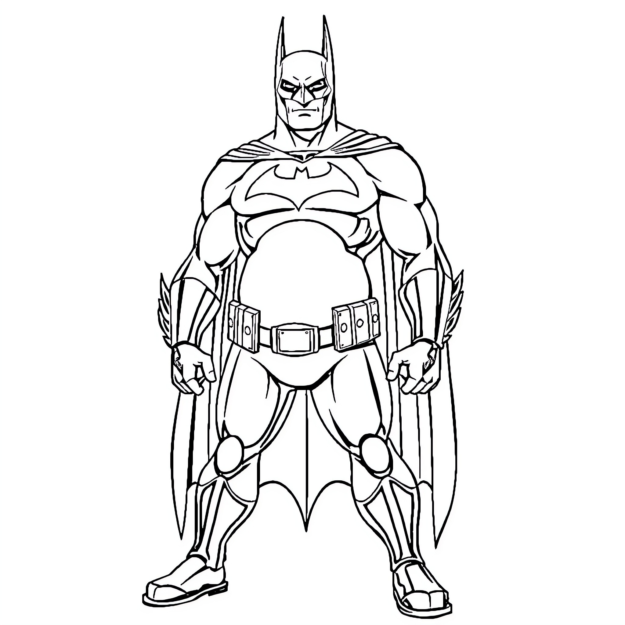 Batman in heroic stance with cape and utility belt Coloring Page (free black-and-white line drawing printable PDF for all, from beginners to advanced learners, including children, teens, adults, and seniors)