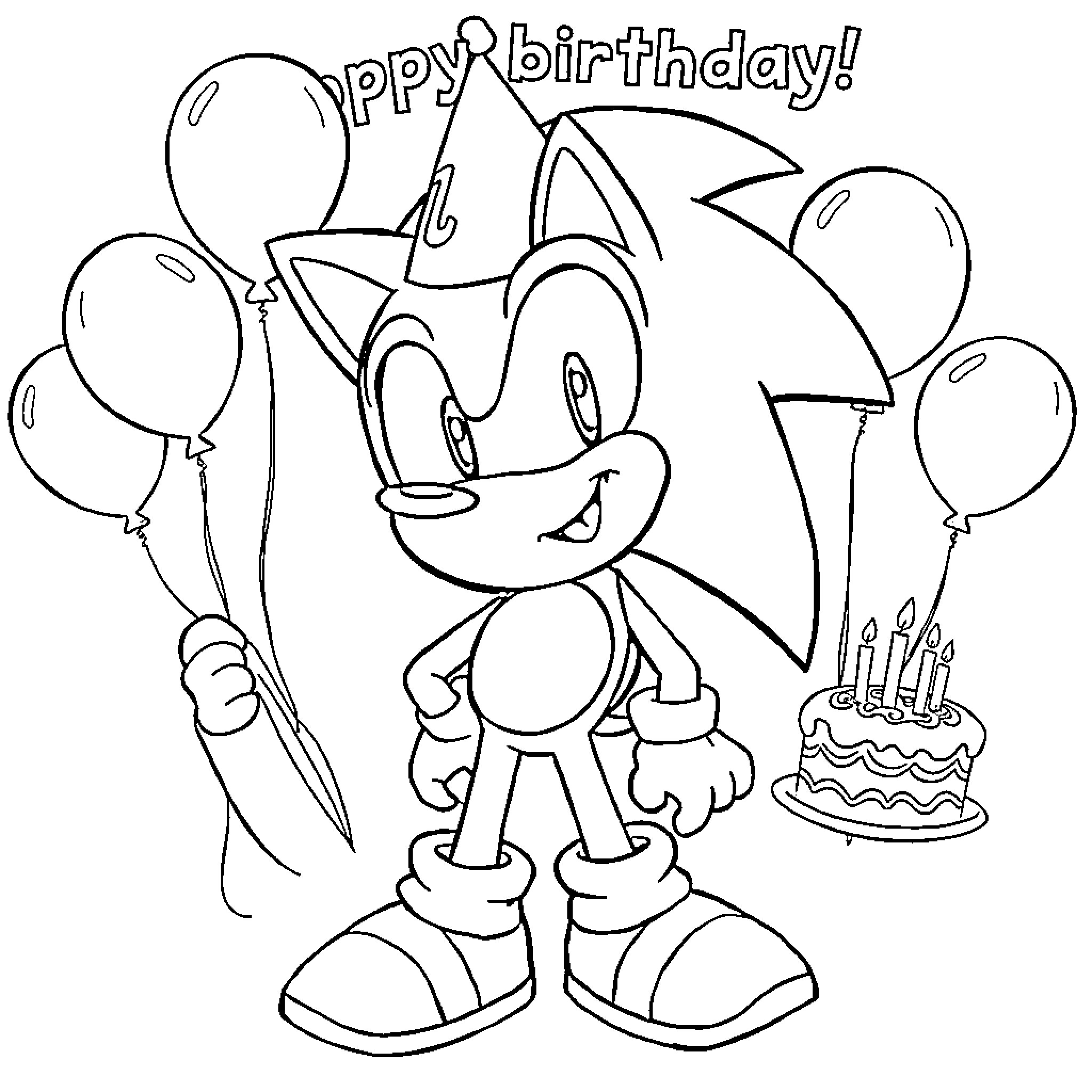 Sonic's Birthday Celebration with Balloons and Cake Coloring Page (free black-and-white line drawing printable PDF for all, from beginners to advanced learners, including children, teens, adults, and seniors)