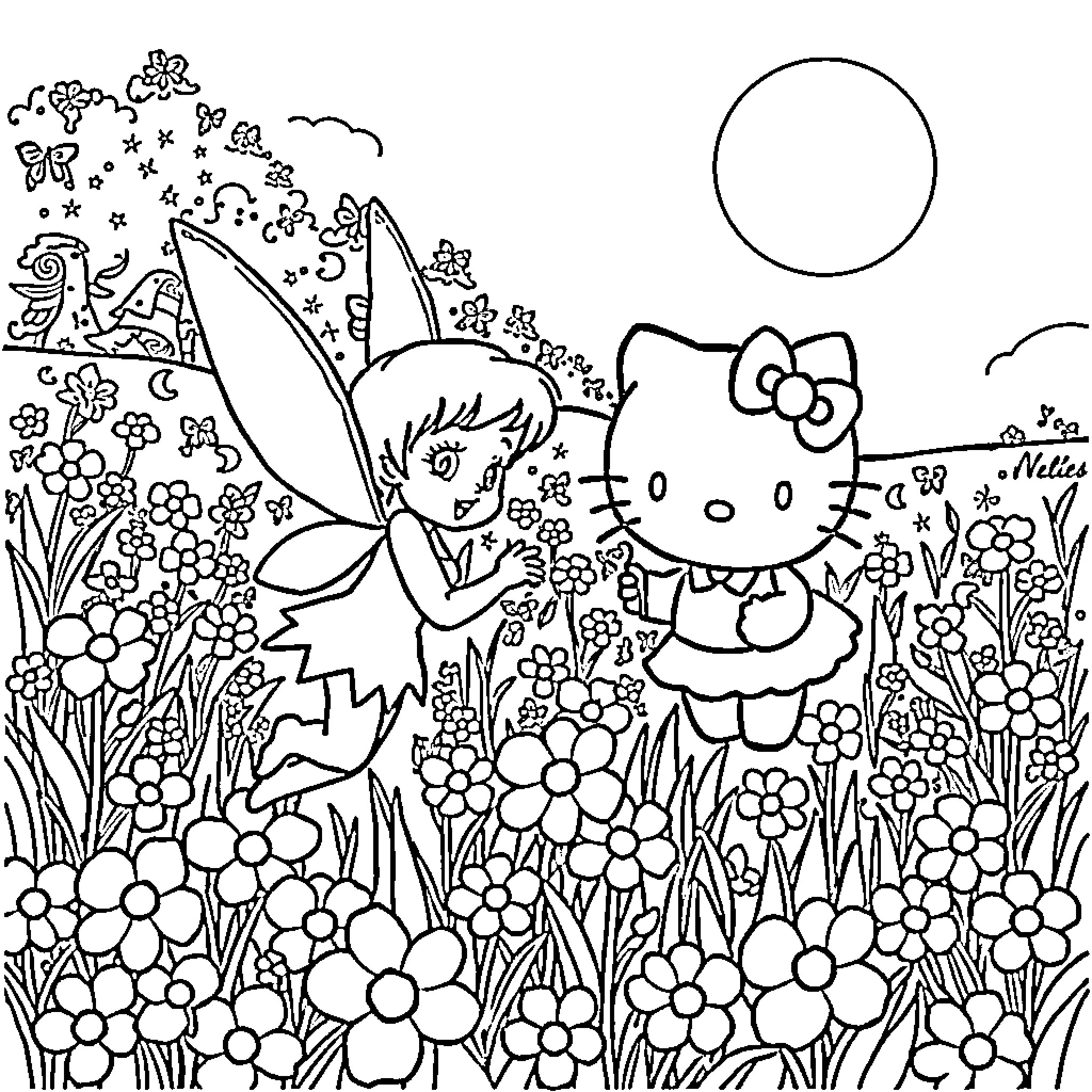 Tinkerbell and Hello Kitty playing in a flowery meadow Coloring Page (free black-and-white line drawing printable PDF for all, from beginners to advanced learners, including children, teens, adults, and seniors)