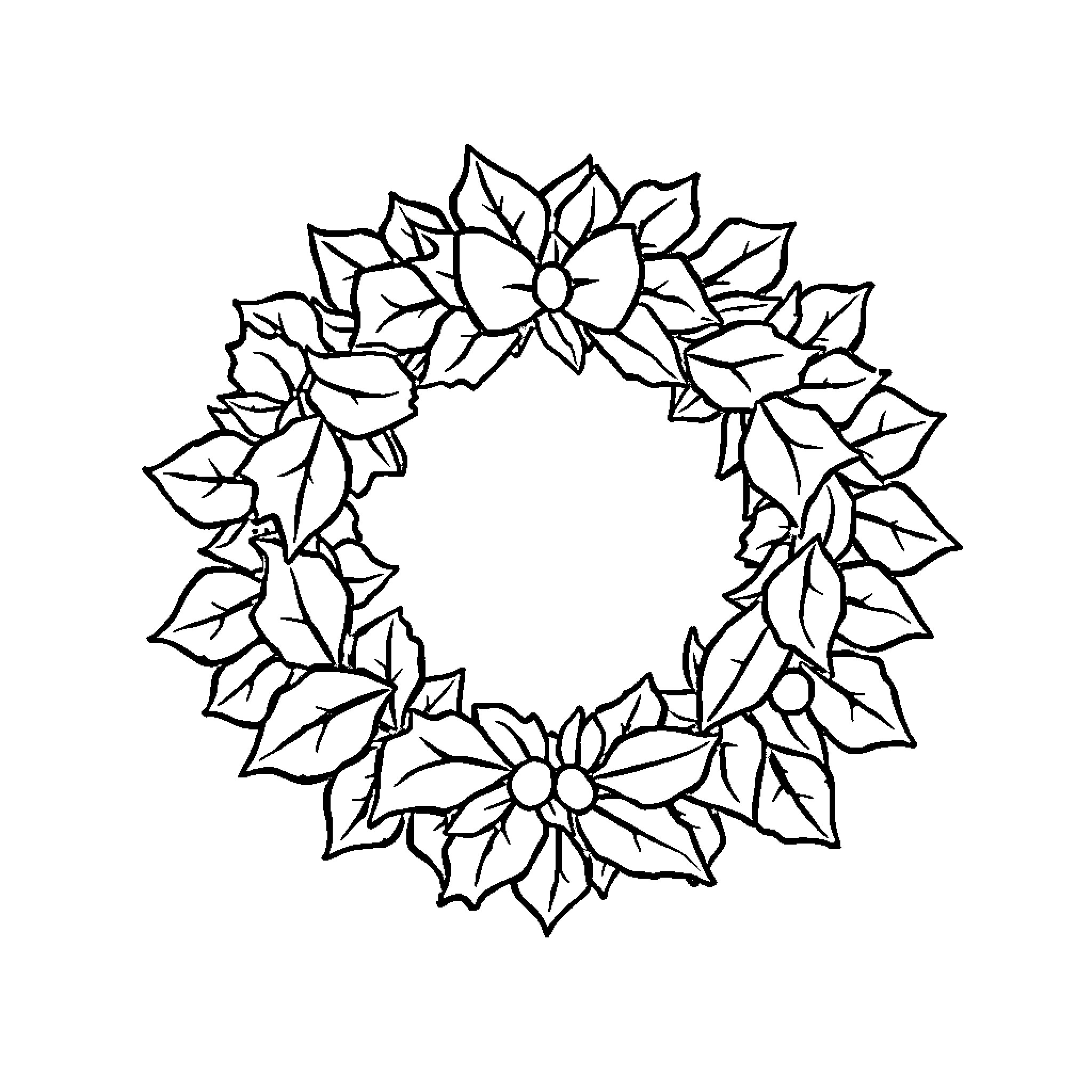 Wreath with floral elements and detailed shapes Coloring Page (free black-and-white line drawing printable PDF for all, from beginners to advanced learners, including children, teens, adults, and seniors)