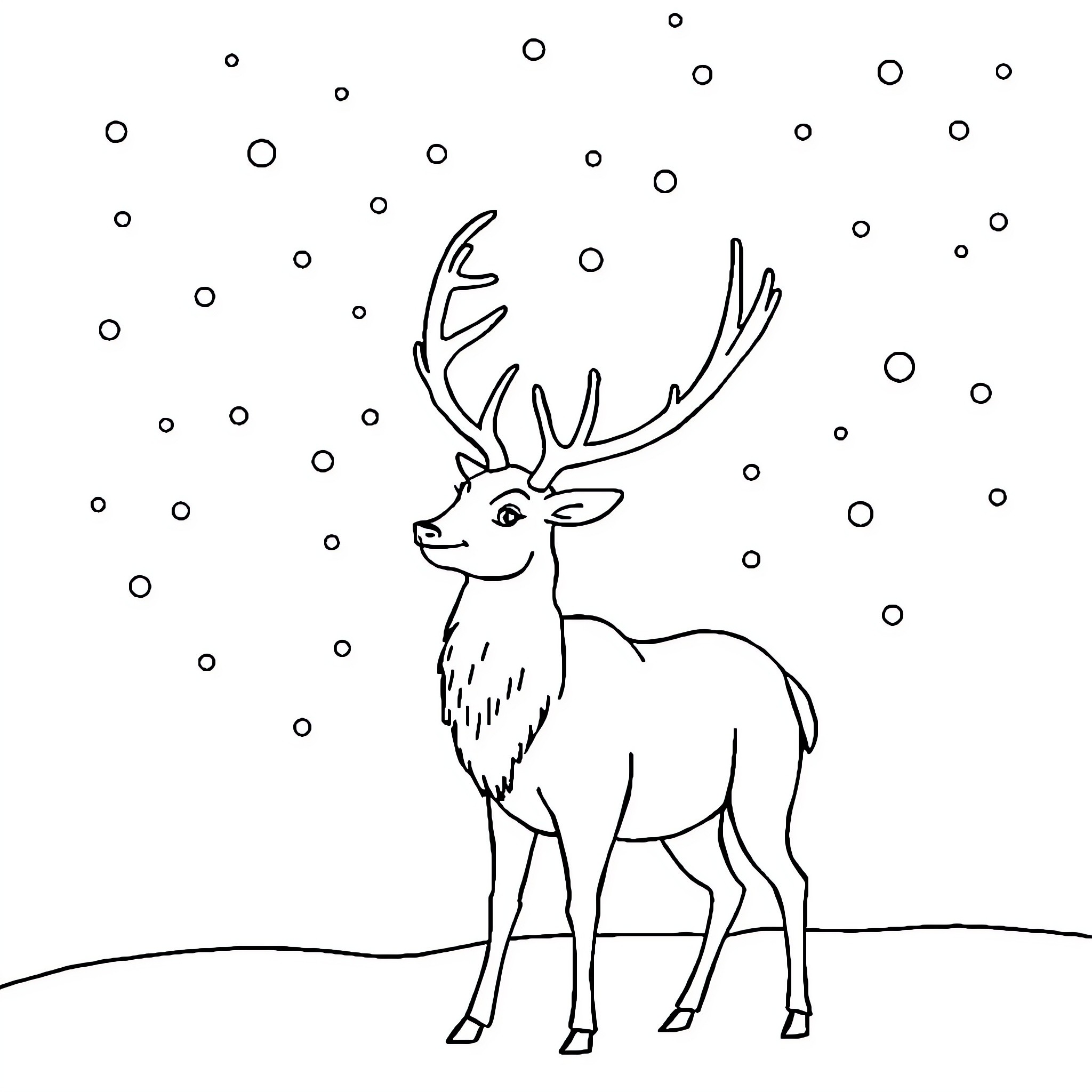 Reindeer standing in the snow Coloring Page (free black-and-white line drawing printable PDF for all, from beginners to advanced learners, including children, teens, adults, and seniors)