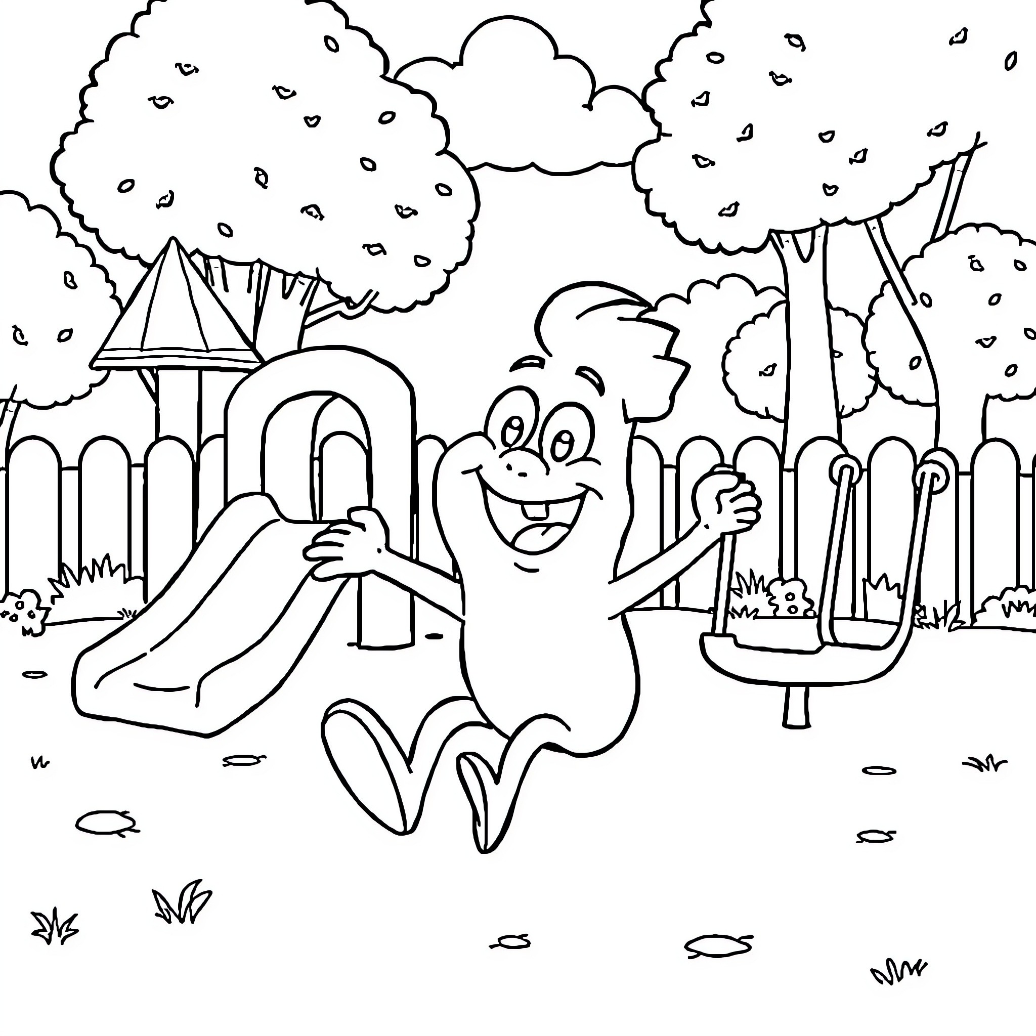 Blippi playing on a playground slide in a park Coloring Page (free black-and-white line drawing printable PDF for all, from beginners to advanced learners, including children, teens, adults, and seniors)