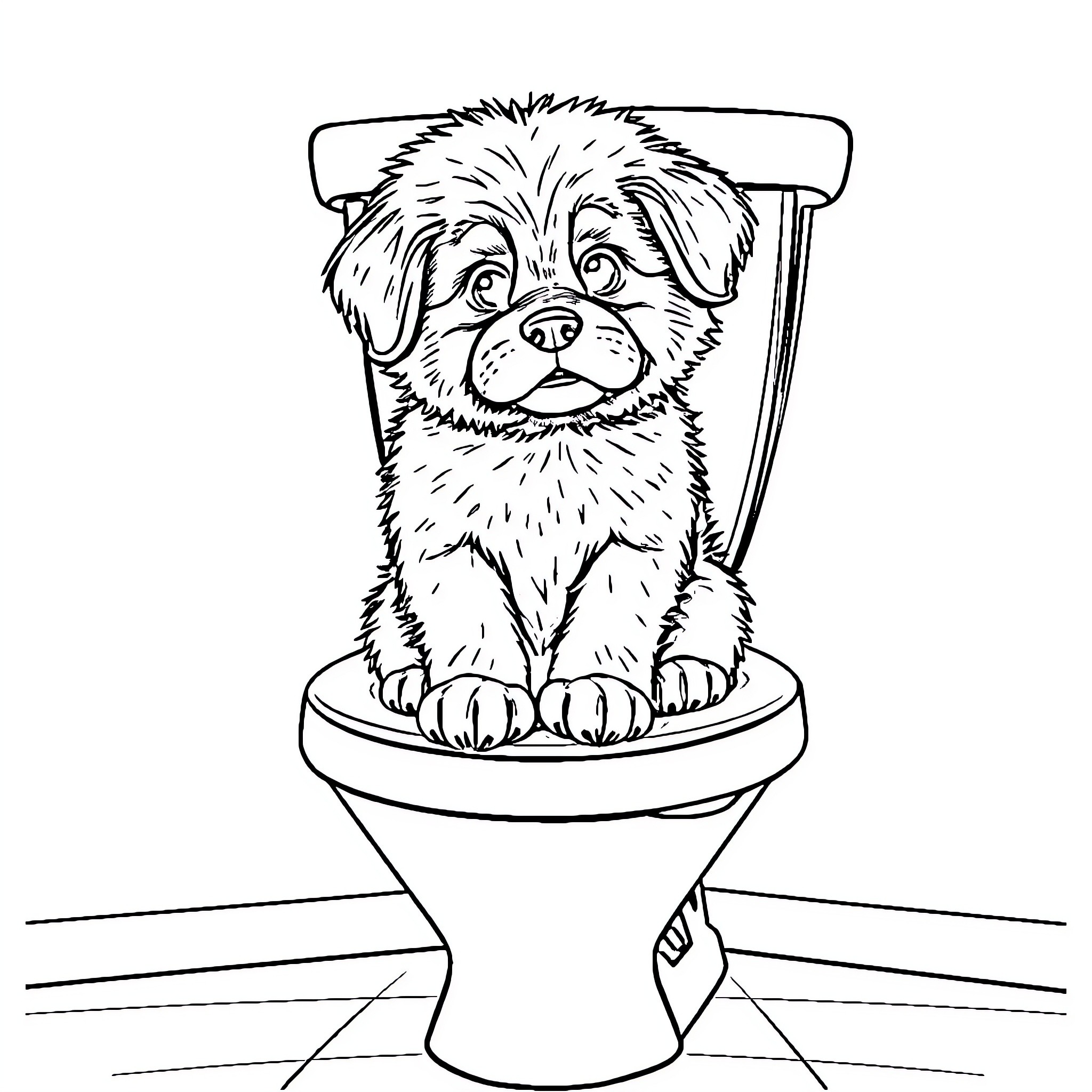 Dog sitting on toilet Coloring Page (free black-and-white line drawing printable PDF for all, from beginners to advanced learners, including children, teens, adults, and seniors)