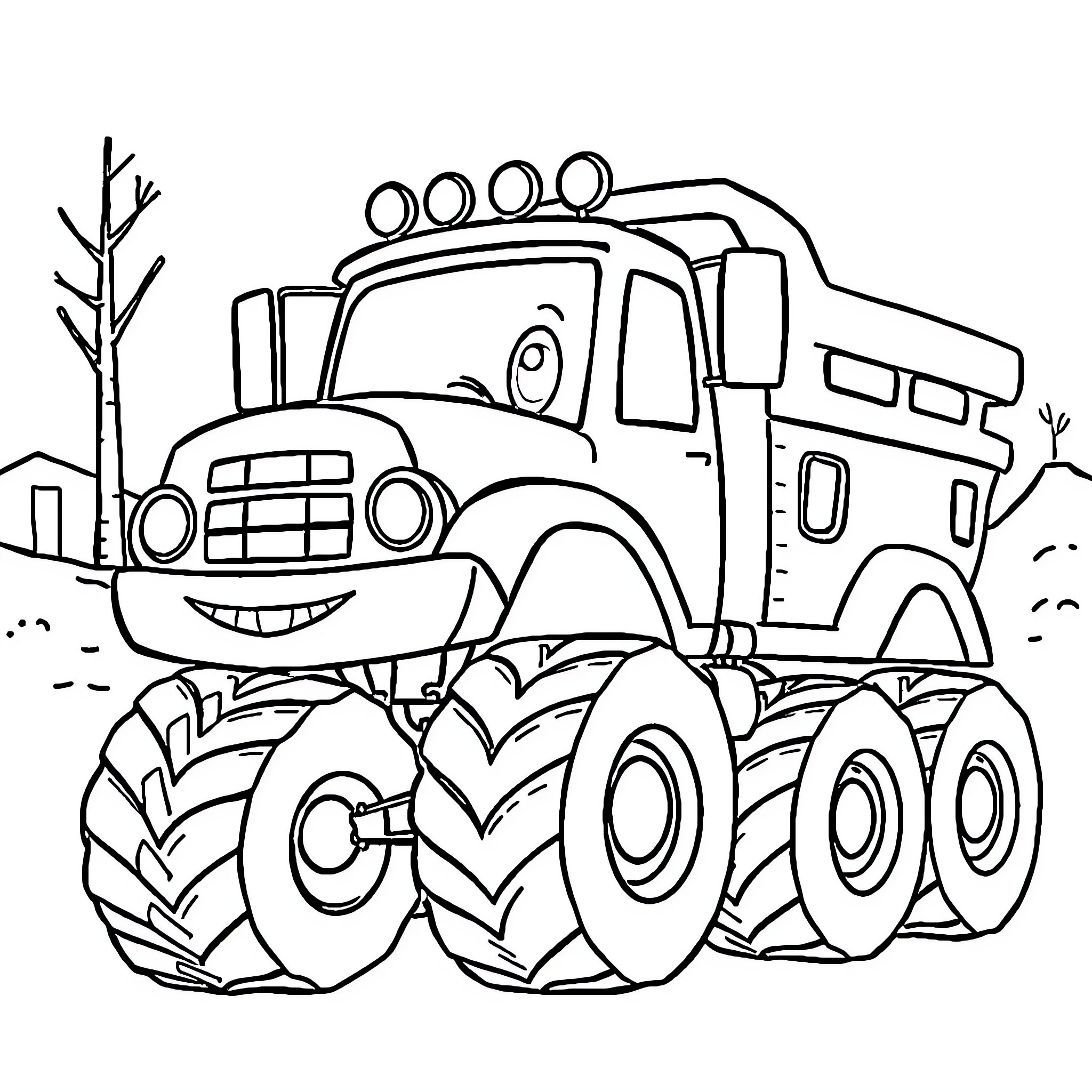 Truck with big tires traversing rough terrain Coloring Page (free black-and-white line drawing printable PDF for all, from beginners to advanced learners, including children, teens, adults, and seniors)