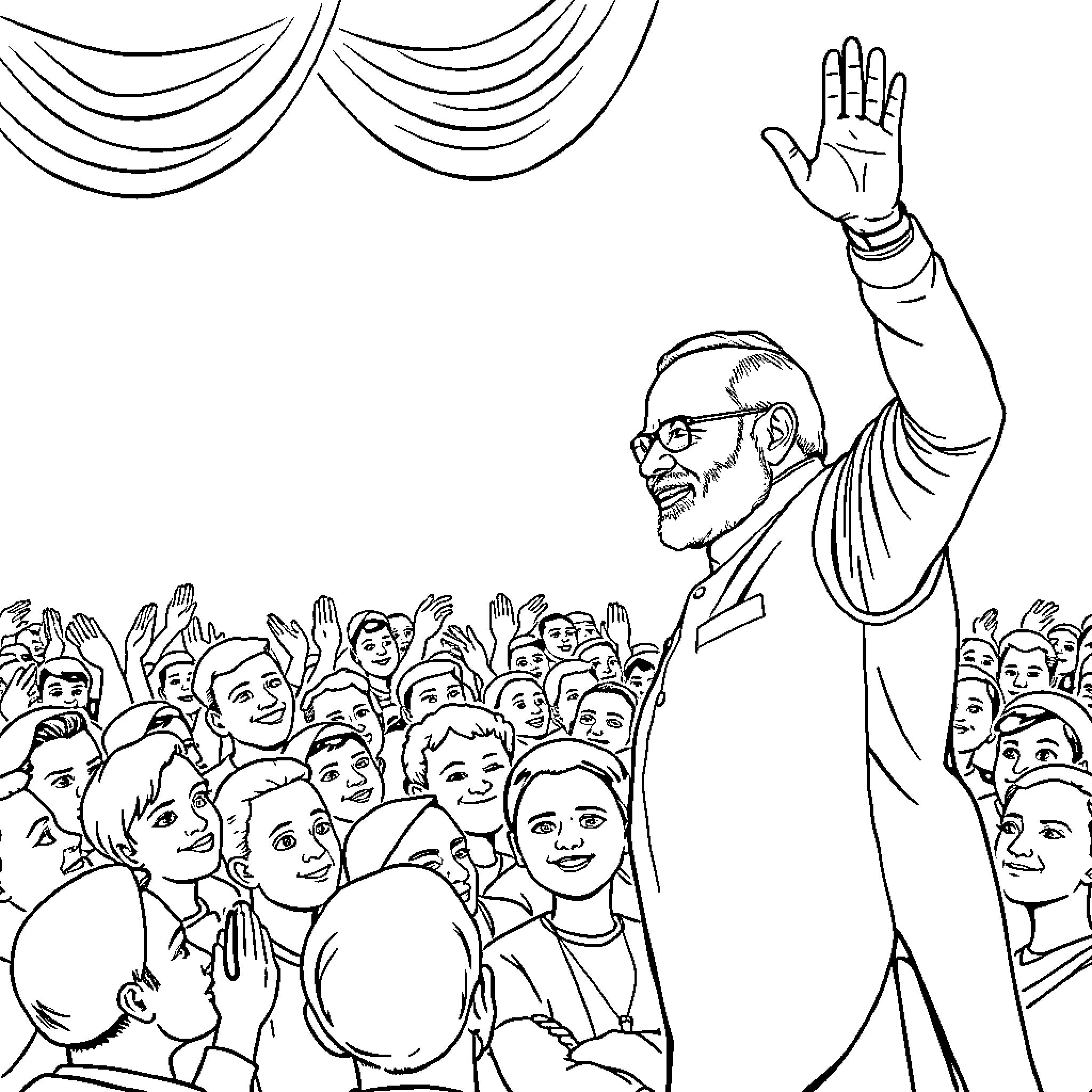 Narendra Modi addressing an enthusiastic crowd Coloring Page (free black-and-white line drawing printable PDF for all, from beginners to advanced learners, including children, teens, adults, and seniors)