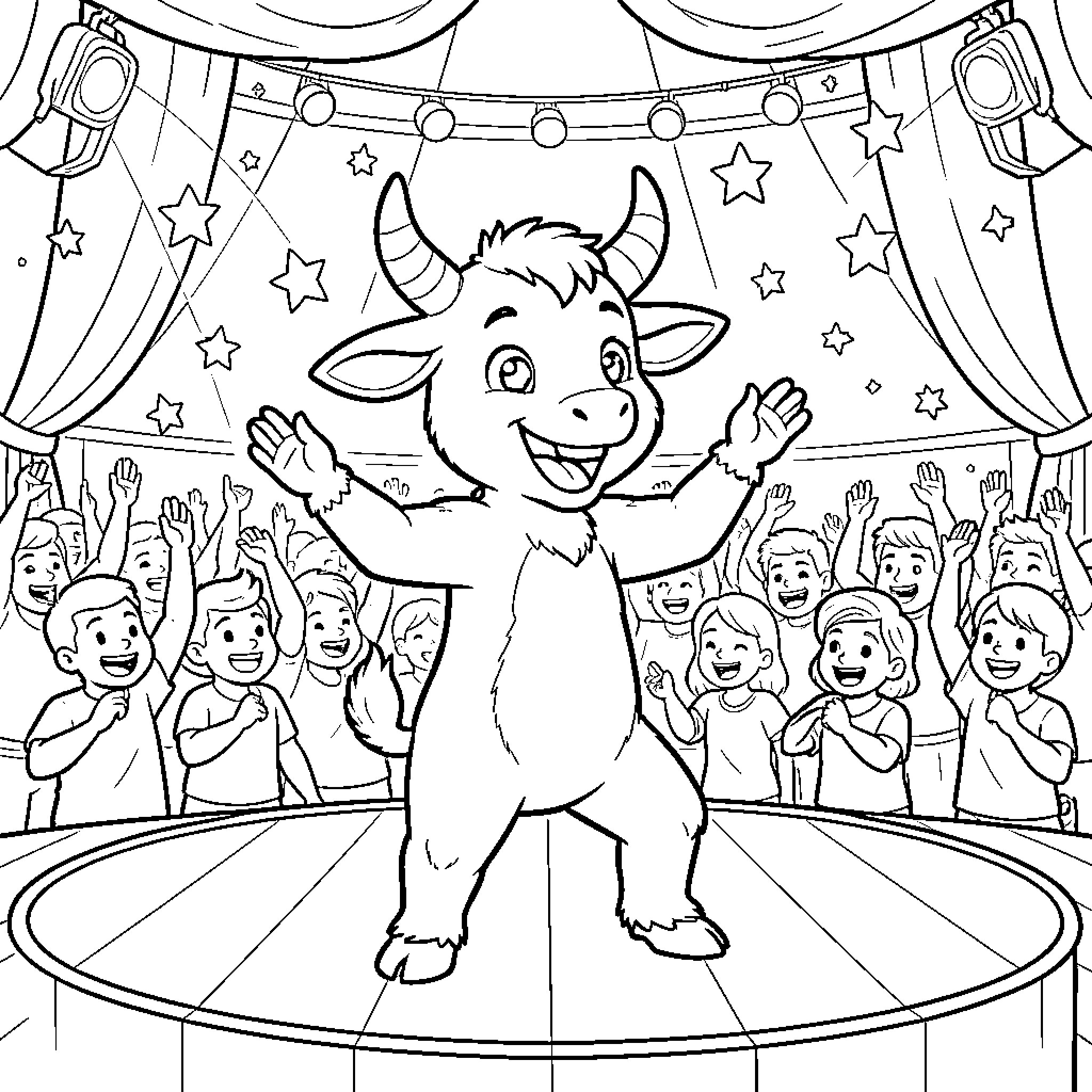 Donkey performing in a circus show with cheering crowd Coloring Page (free black-and-white line drawing printable PDF for all, from beginners to advanced learners, including children, teens, adults, and seniors)