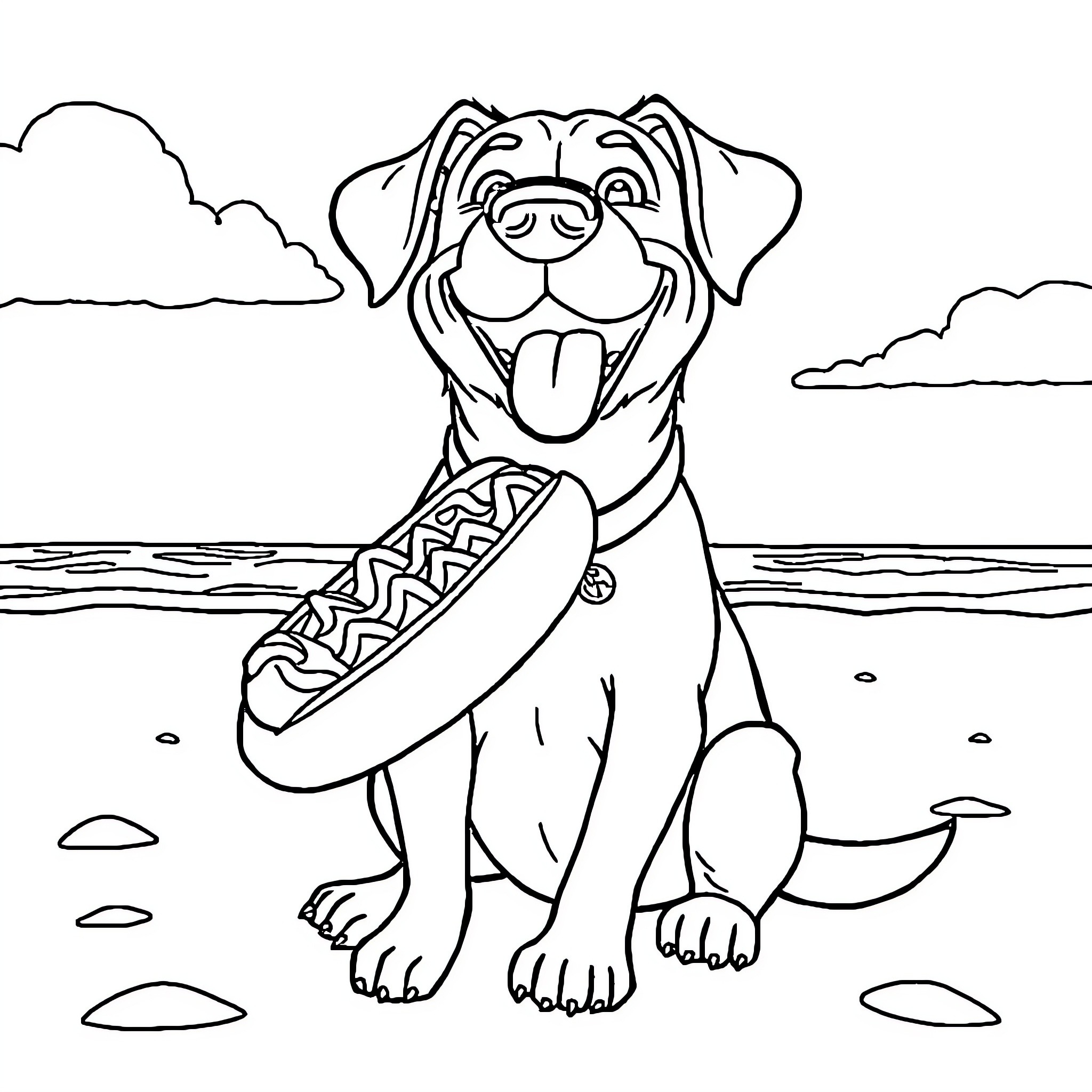 Dog enjoying beach with surfboard Coloring Page (free black-and-white line drawing printable PDF for all, from beginners to advanced learners, including children, teens, adults, and seniors)