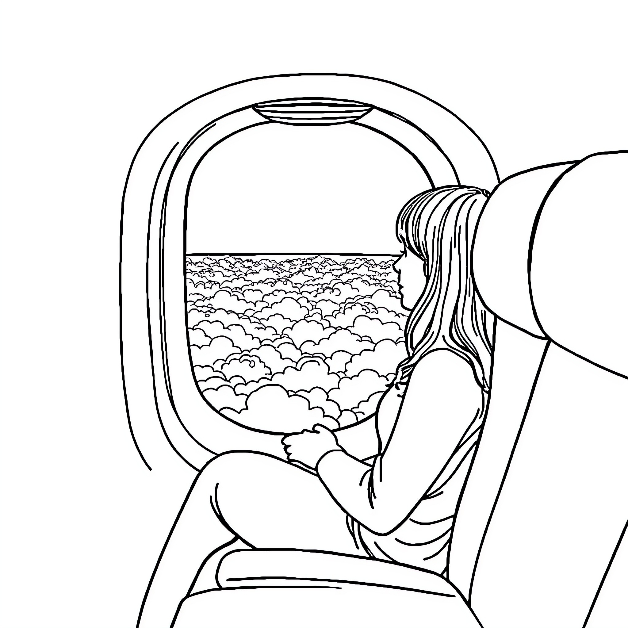 Airplane passenger gazing out the window Coloring Page (free black-and-white line drawing printable PDF for all, from beginners to advanced learners, including children, teens, adults, and seniors)