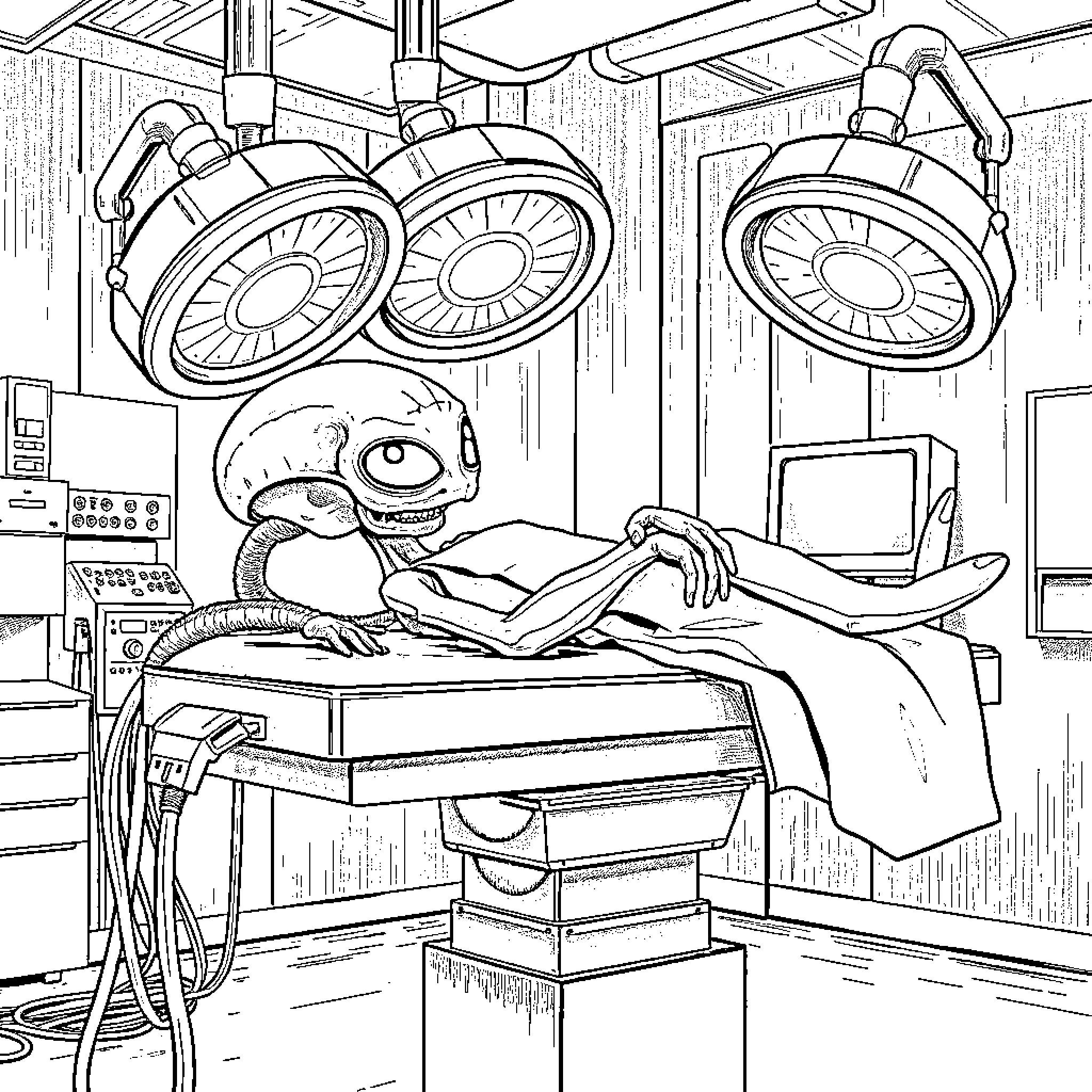 Alien medical procedure in futuristic hospital Coloring Page (free black-and-white line drawing printable PDF for all, from beginners to advanced learners, including children, teens, adults, and seniors)