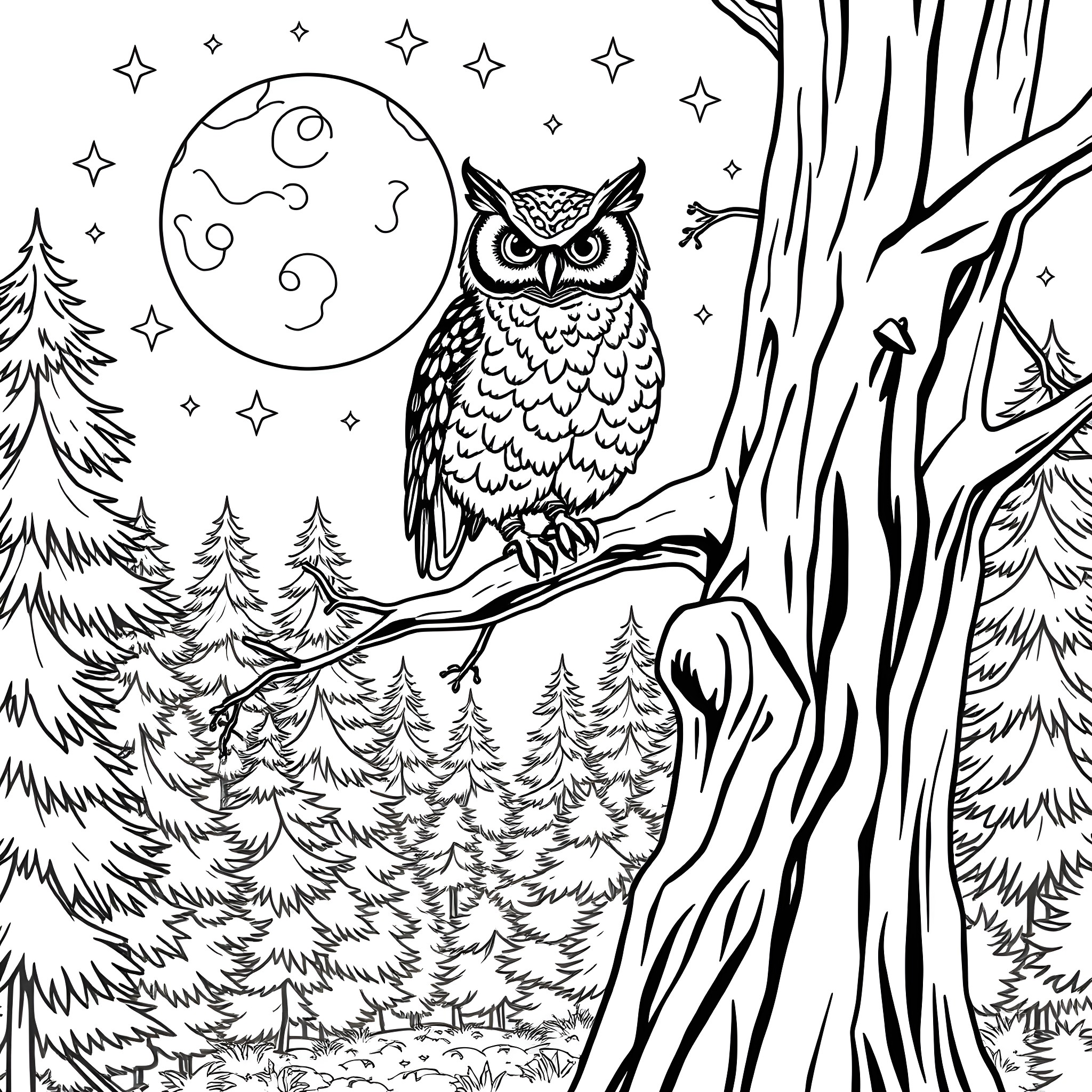 Owl perched in the moonlit forest Coloring Page (free black-and-white line drawing printable PDF for all, from beginners to advanced learners, including children, teens, adults, and seniors)