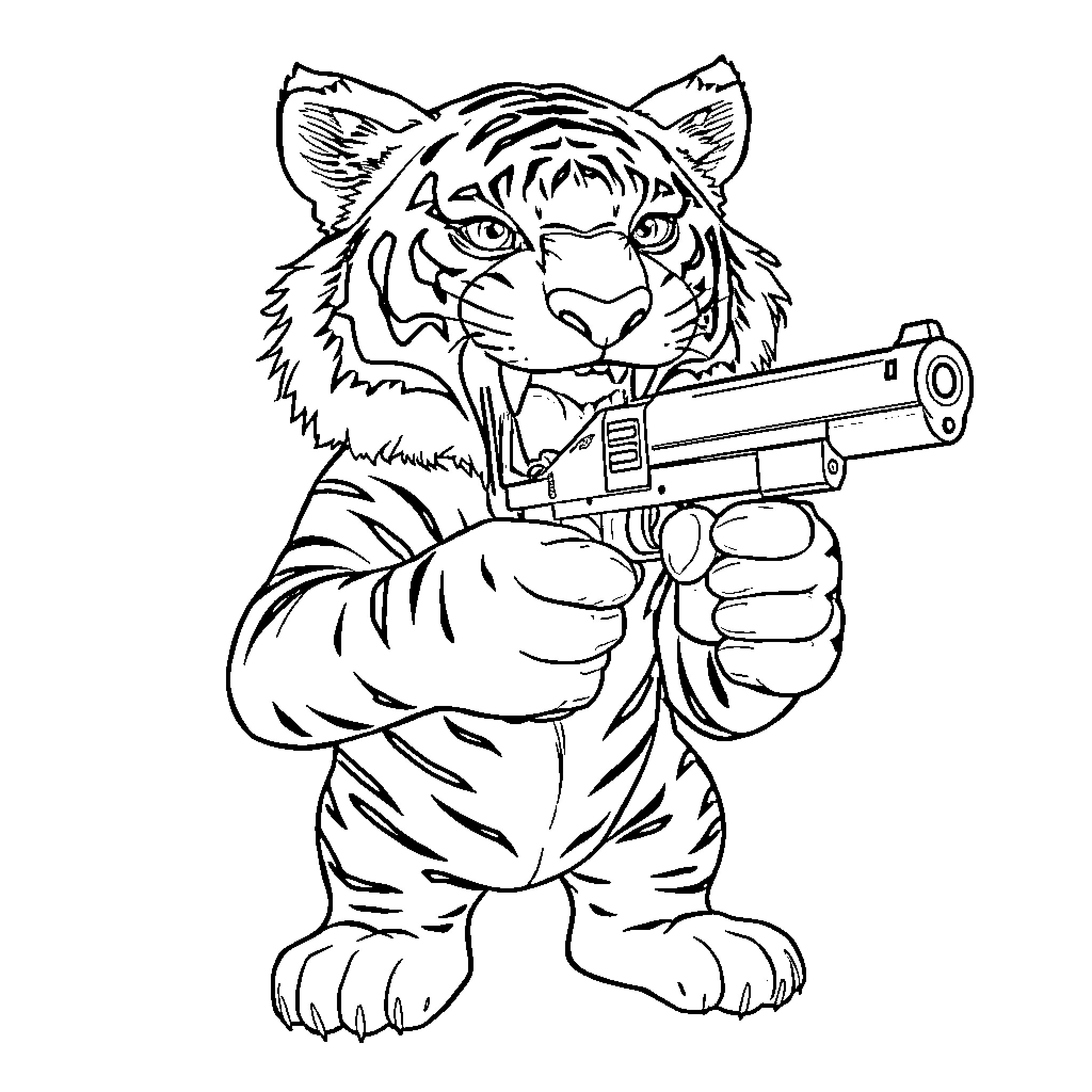 Tigre aiming a gun with determination Coloring Page (free black-and-white line drawing printable PDF for all, from beginners to advanced learners, including children, teens, adults, and seniors)