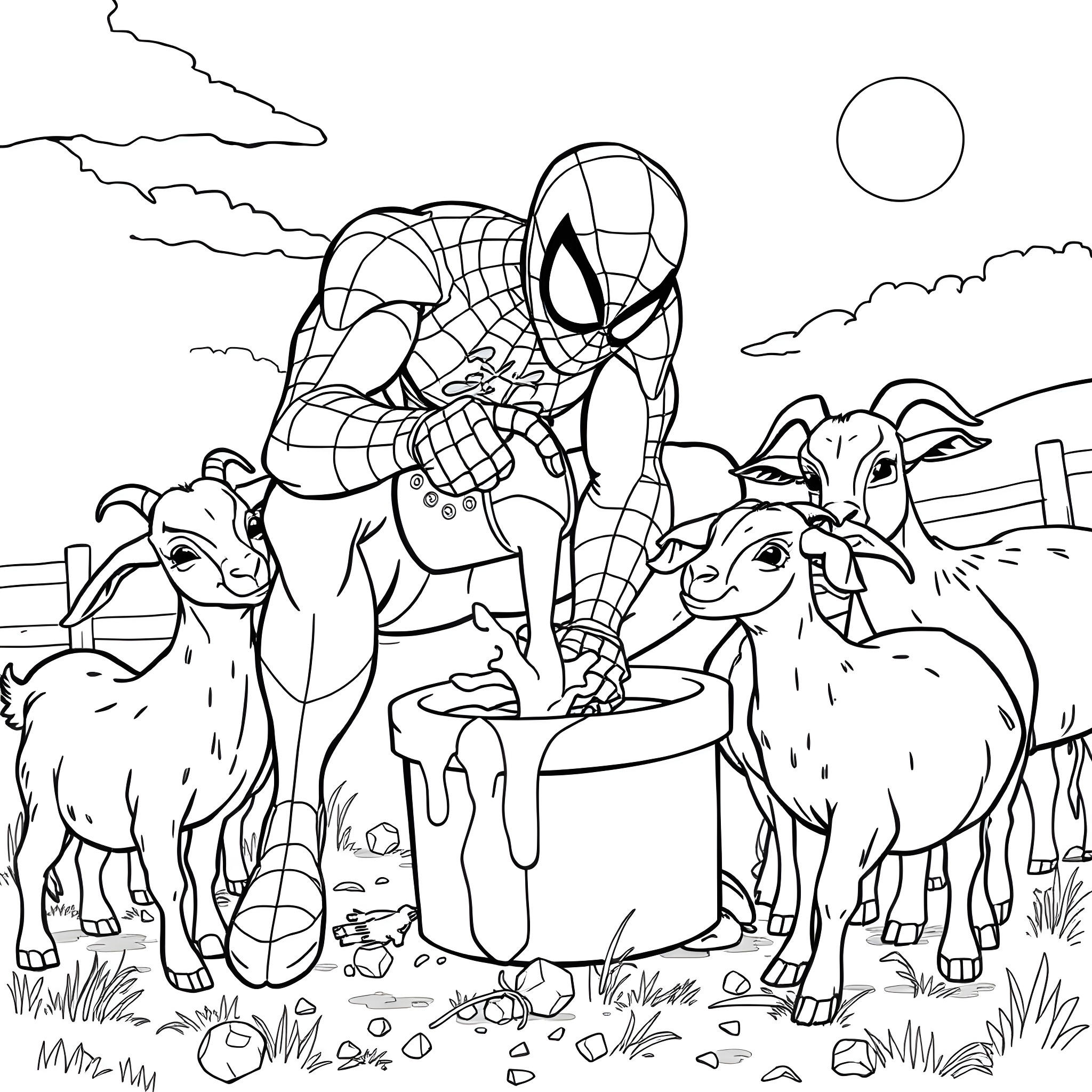 Spider-Man helps goats in the countryside Coloring Page (free black-and-white line drawing printable PDF for all, from beginners to advanced learners, including children, teens, adults, and seniors)