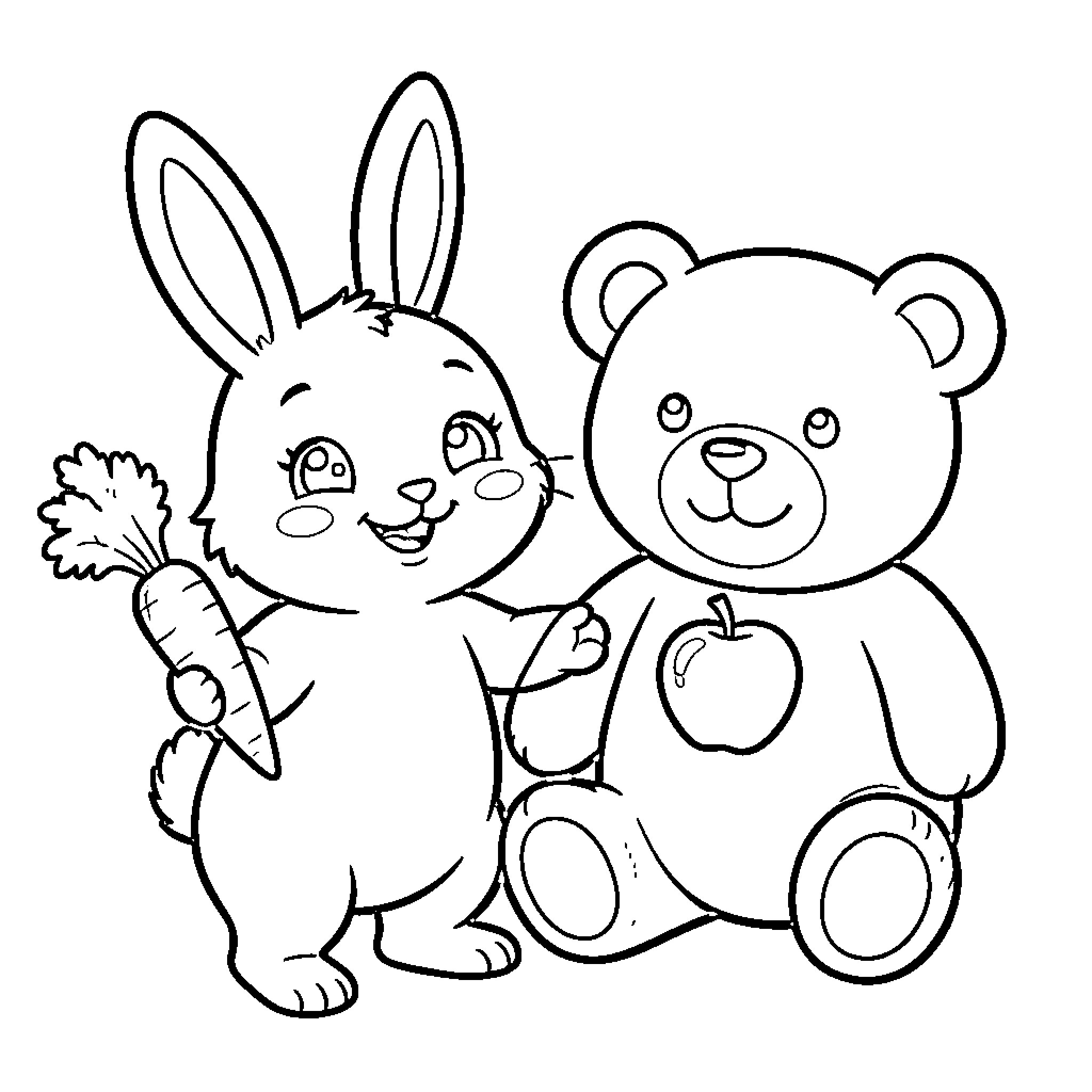 Bunny holding a carrot next to a teddy bear Coloring Page (free black-and-white line drawing printable PDF for all, from beginners to advanced learners, including children, teens, adults, and seniors)