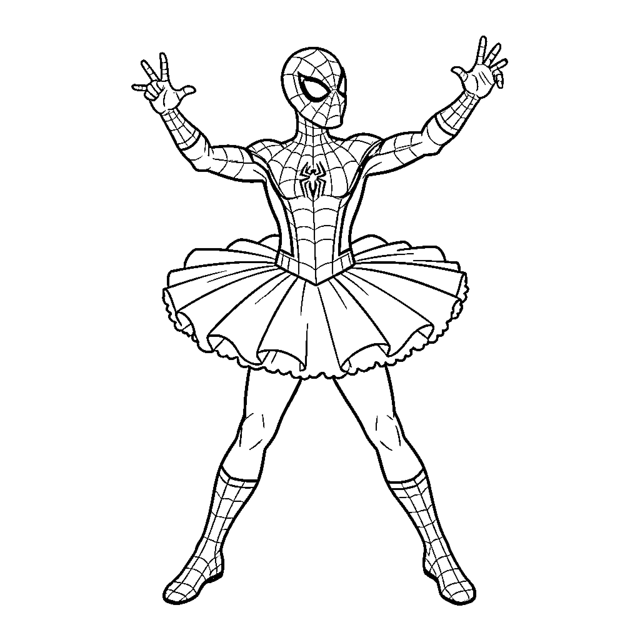 Spiderman wearing a tutu performing a ballet pose Coloring Page (free black-and-white line drawing printable PDF for all, from beginners to advanced learners, including children, teens, adults, and seniors)