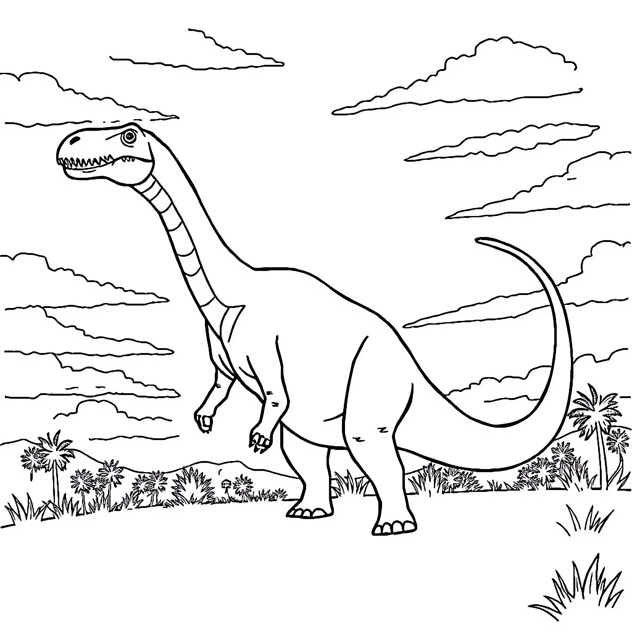 Dinosaur roaming through a lush prehistoric landscape Coloring Page (free black-and-white line drawing printable PDF for all, from beginners to advanced learners, including children, teens, adults, and seniors)