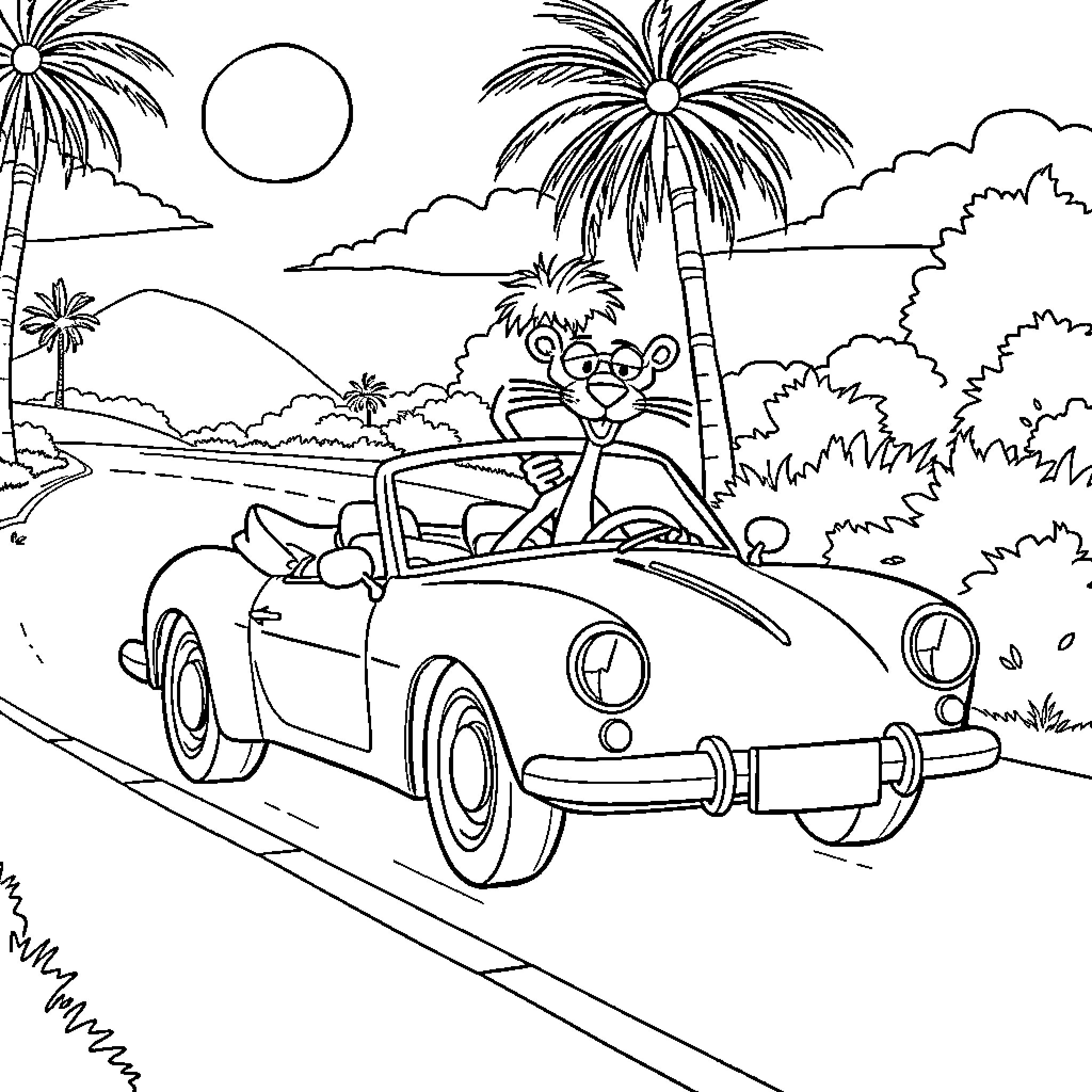 Pink Panther enjoying scenic road trip in convertible Coloring Page (free black-and-white line drawing printable PDF for all, from beginners to advanced learners, including children, teens, adults, and seniors)