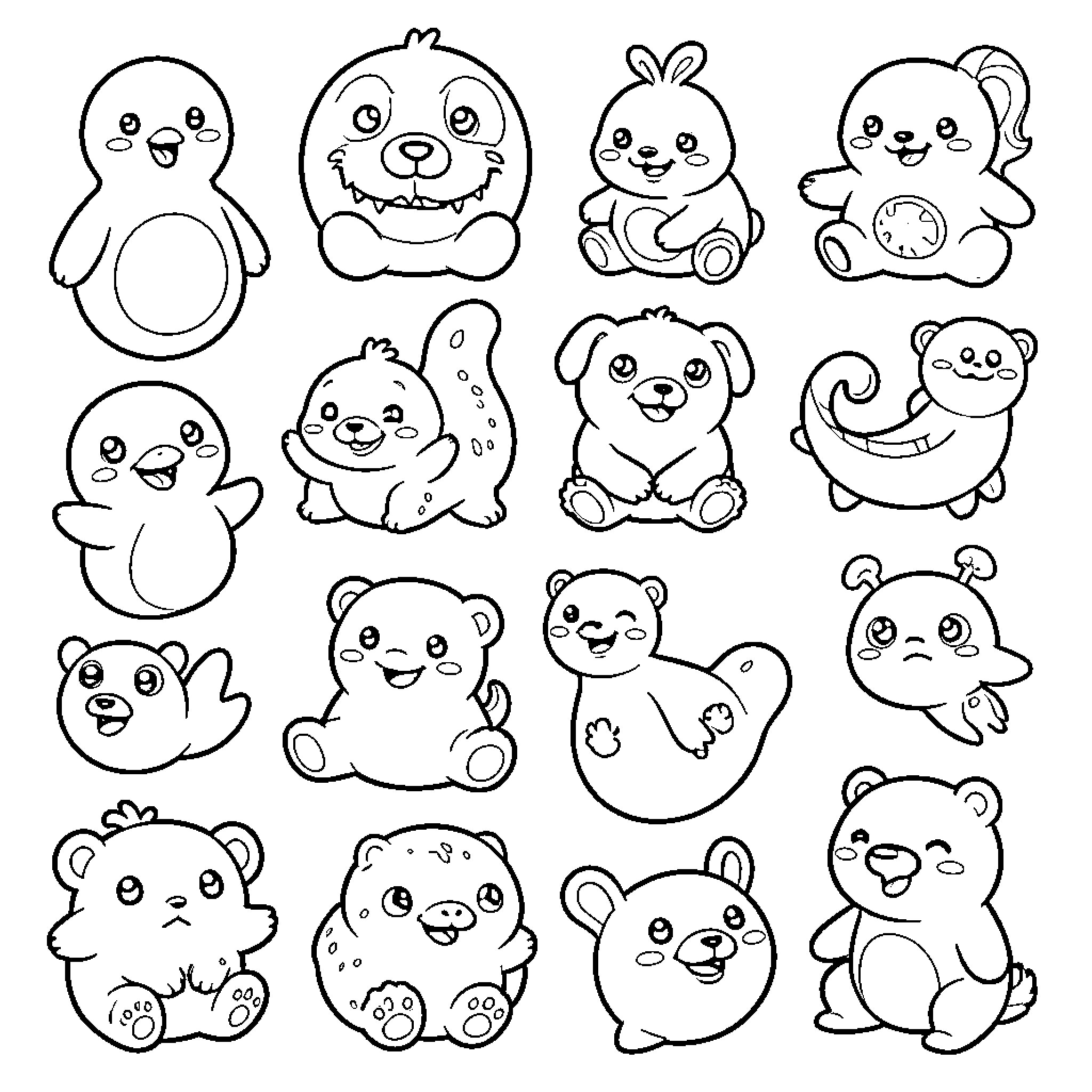 Squishy Toy collection of cute smiling animals Coloring Page (free black-and-white line drawing printable PDF for all, from beginners to advanced learners, including children, teens, adults, and seniors)