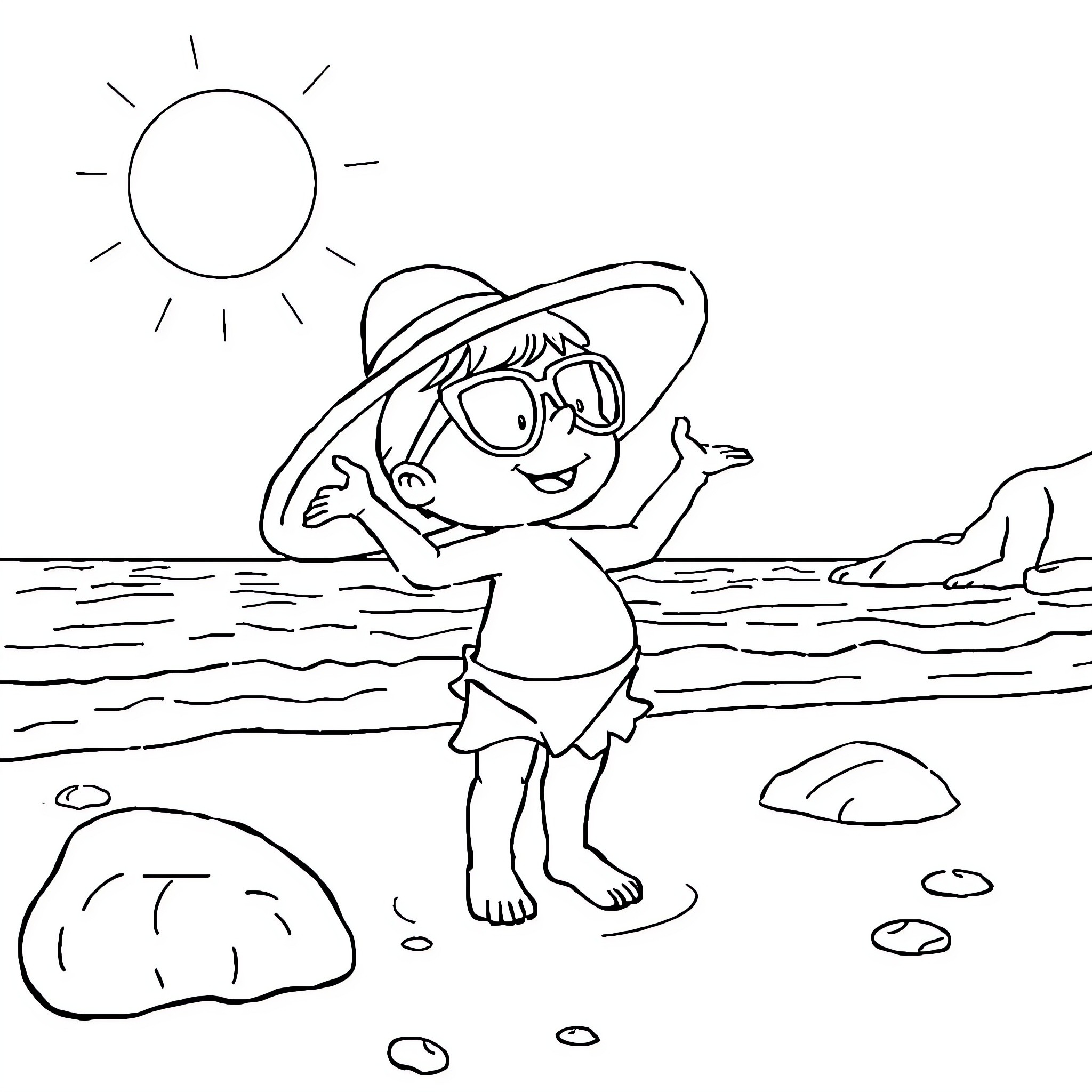 Minnie enjoying a sunny beach day Coloring Page (free black-and-white line drawing printable PDF for all, from beginners to advanced learners, including children, teens, adults, and seniors)