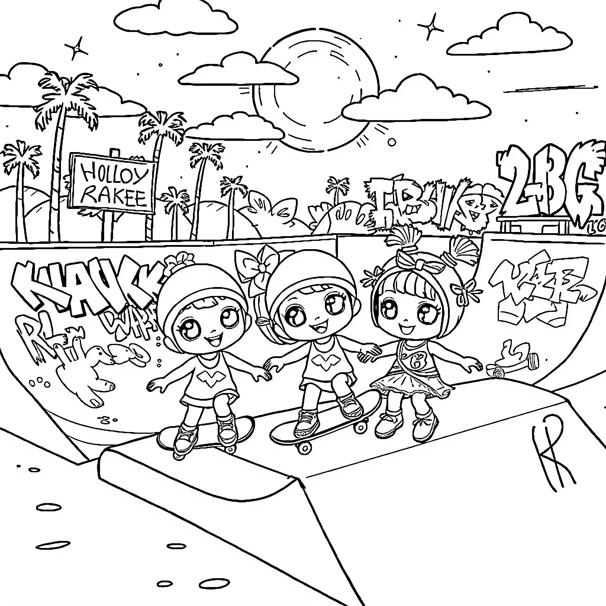 Labubu's Fun-Filled Beach Adventure Coloring Page (free black-and-white line drawing printable PDF for all, from beginners to advanced learners, including children, teens, adults, and seniors)