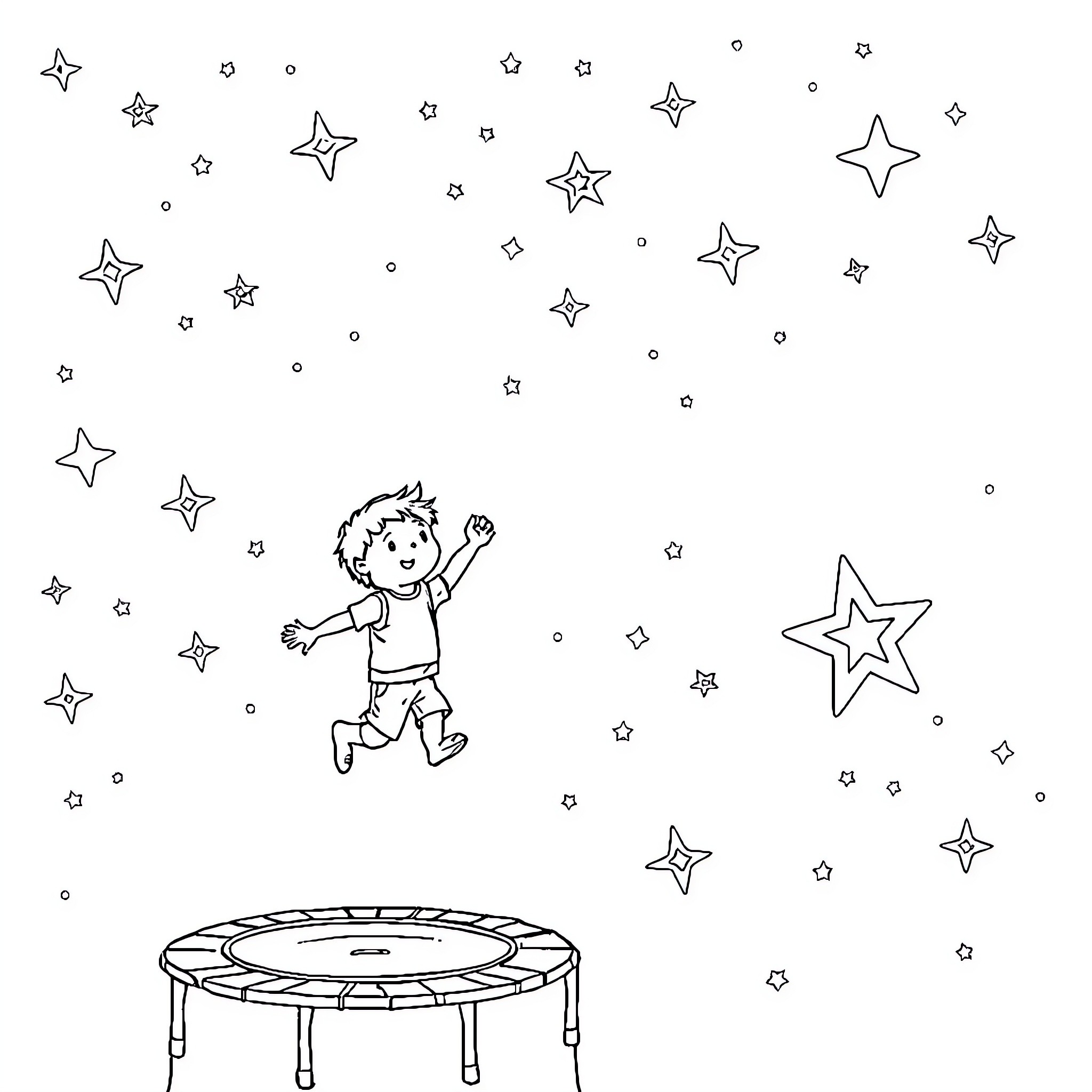 Kid jumping excitedly on trampoline in starry night Coloring Page (free black-and-white line drawing printable PDF for all, from beginners to advanced learners, including children, teens, adults, and seniors)