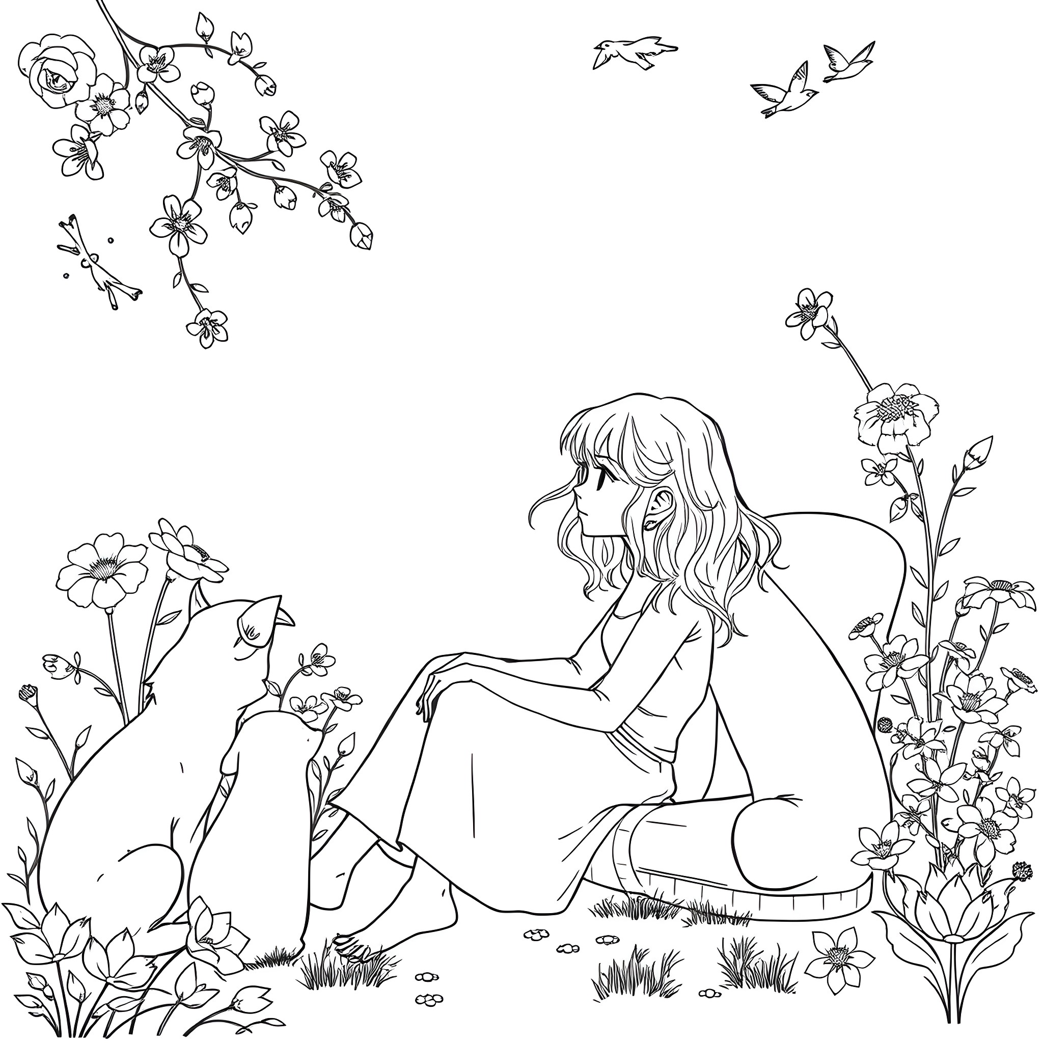 Girl sitting amidst blooming flowers in nature Coloring Page (free black-and-white line drawing printable PDF for all, from beginners to advanced learners, including children, teens, adults, and seniors)