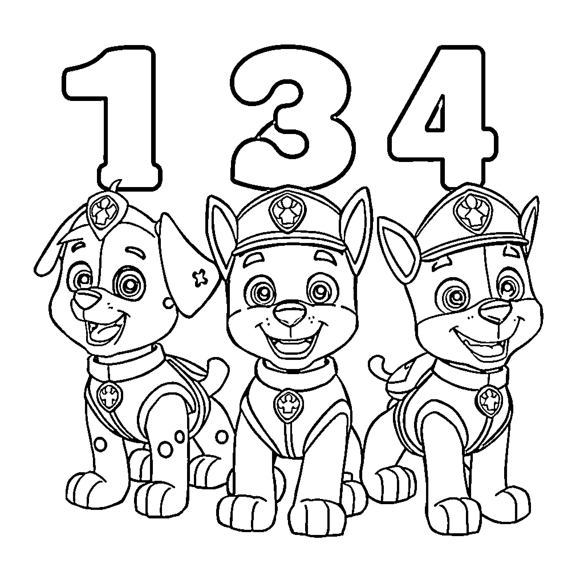Paw Patrol Team Posing with Numbers Coloring Page (free black-and-white line drawing printable PDF for all, from beginners to advanced learners, including children, teens, adults, and seniors)