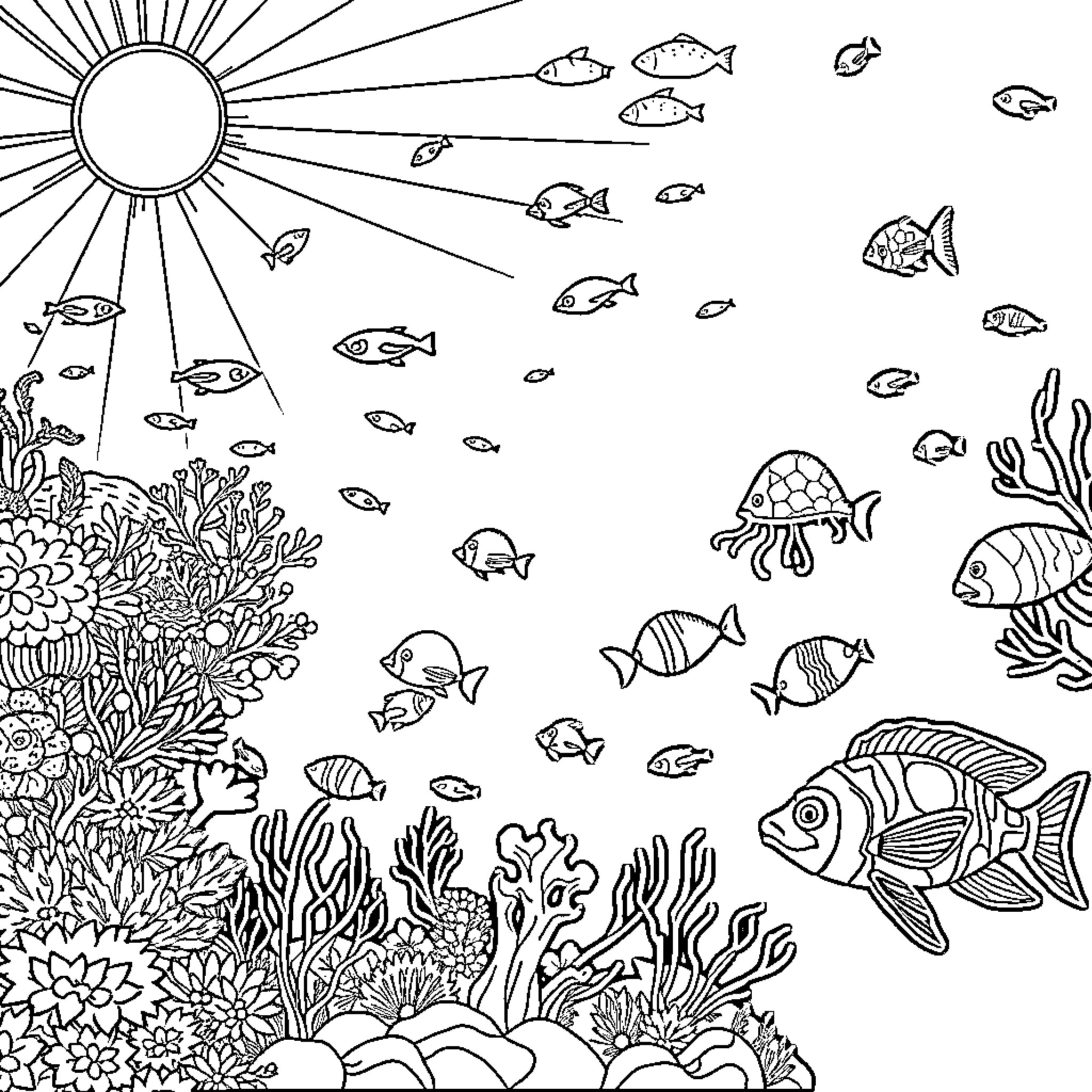 Marine Animal Underwater Scene with Fish and Coral Reef Coloring Page (free black-and-white line drawing printable PDF for all, from beginners to advanced learners, including children, teens, adults, and seniors)